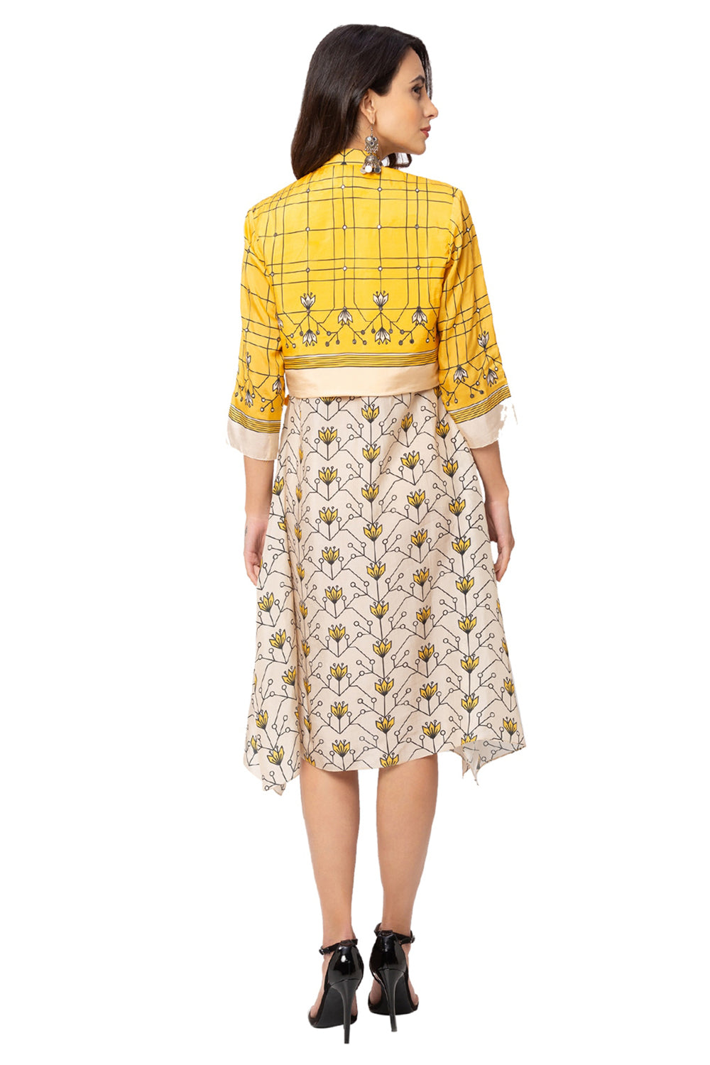 Mustard Asymmetrical Printed Dress With Jacket