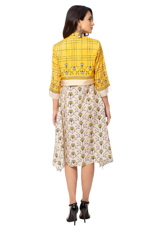 Mustard Asymmetrical Printed Dress With Jacket