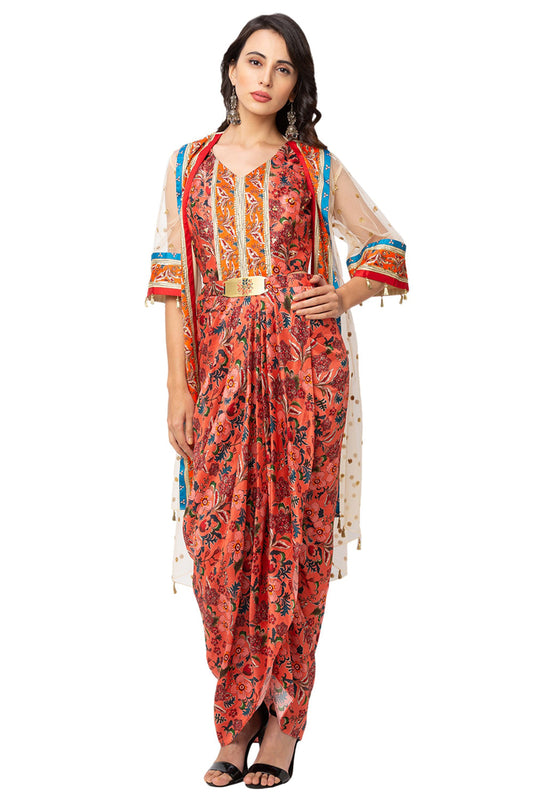 Printed Drape Dress With Jacket