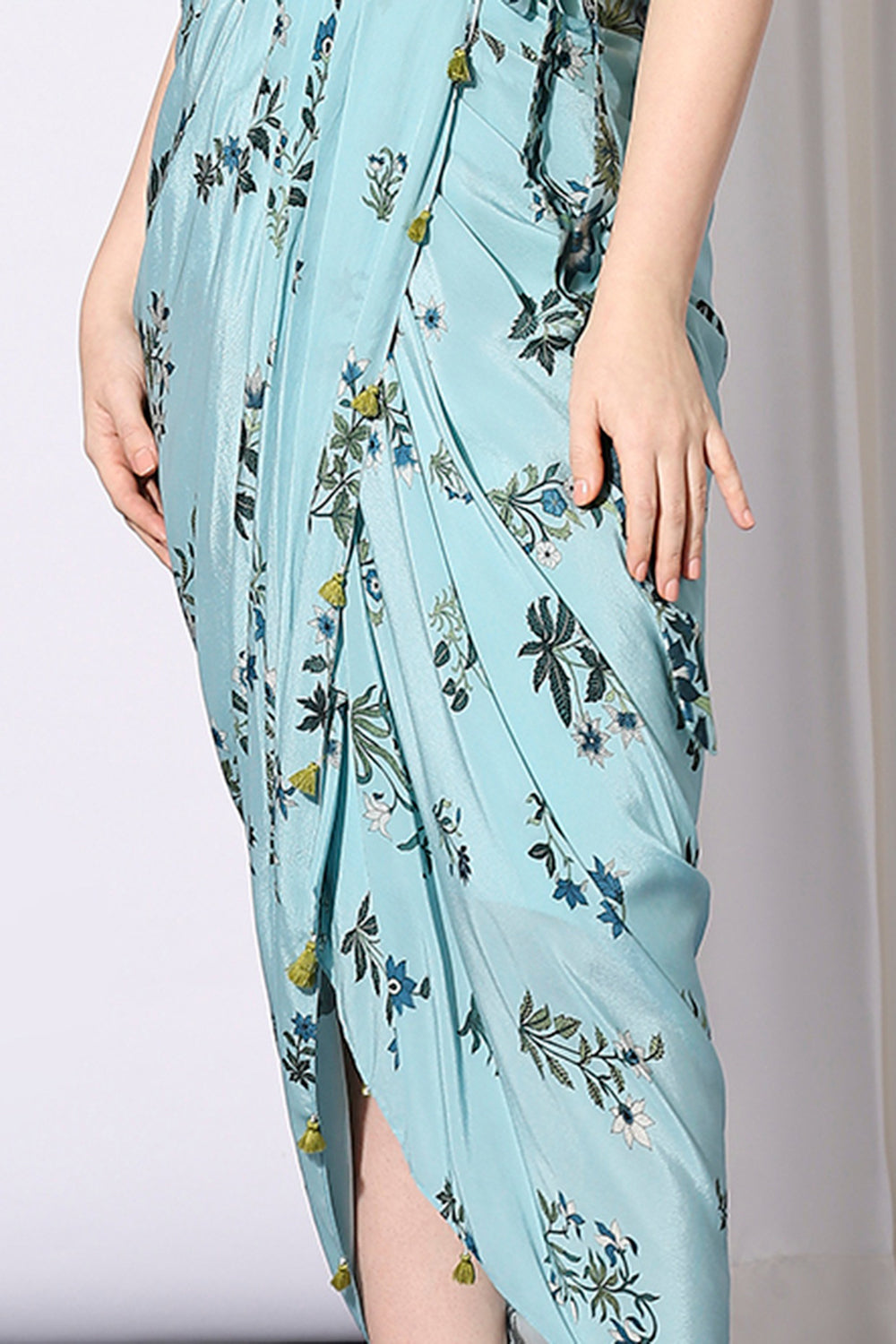 Pastel Bloom Drape Dress Paired With Net Asymmetrical Cape