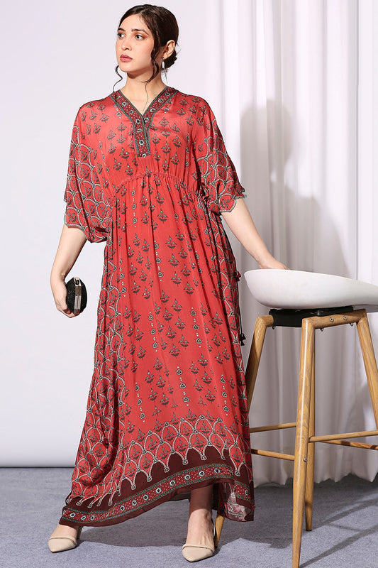 Ethnic Folklore Kaftan Dress With Waist Tie-Up