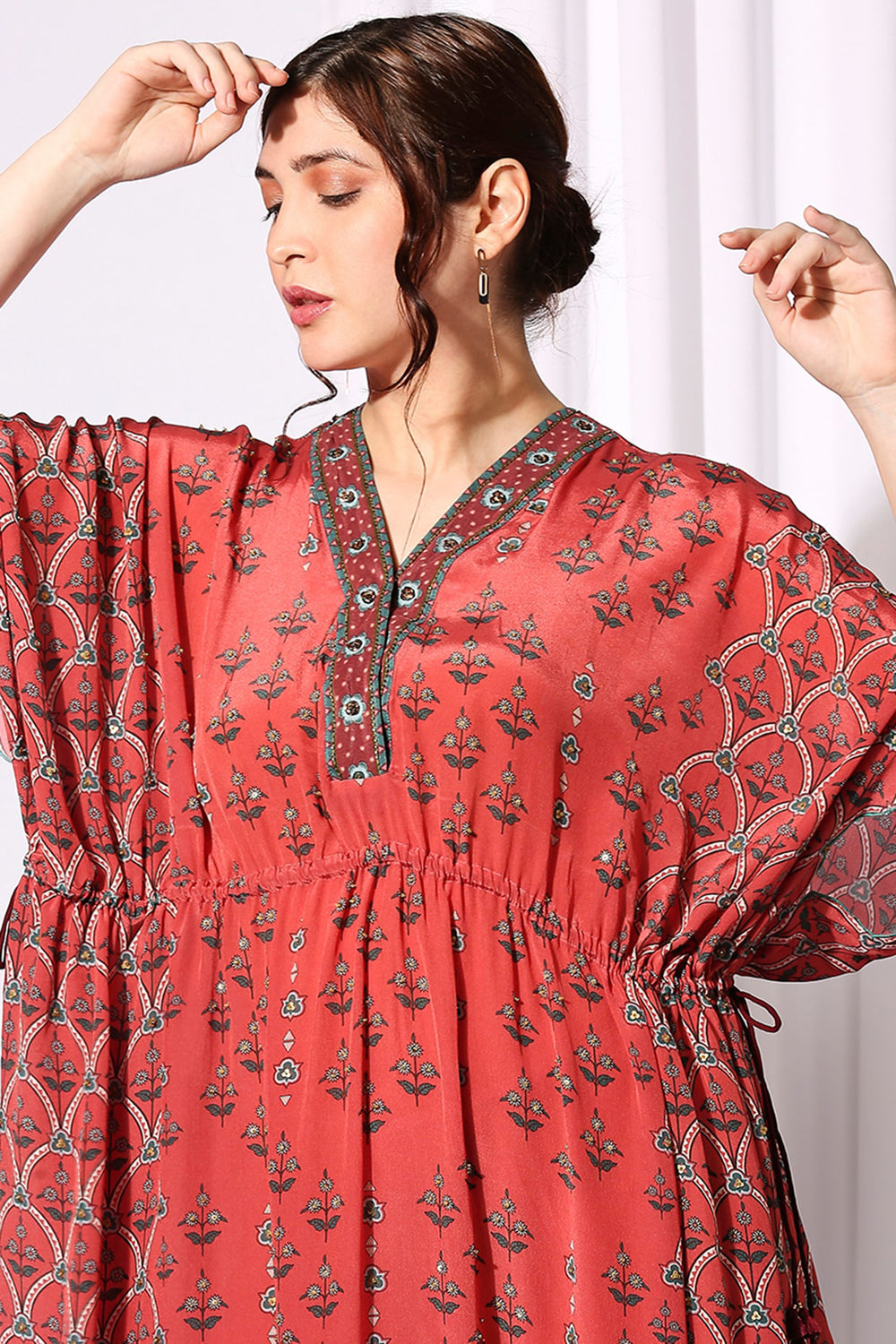 Ethnic Folklore Kaftan Dress With Waist Tie-Up