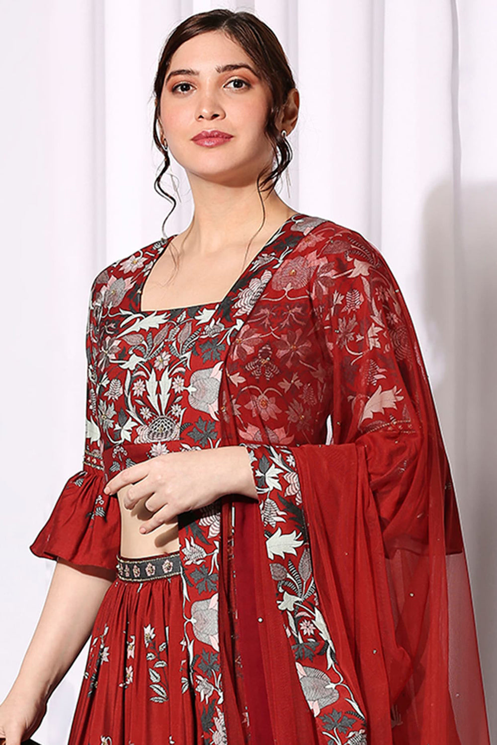 Midnight Floral Printed Skirt With Blouse Paired With Net Dupatta