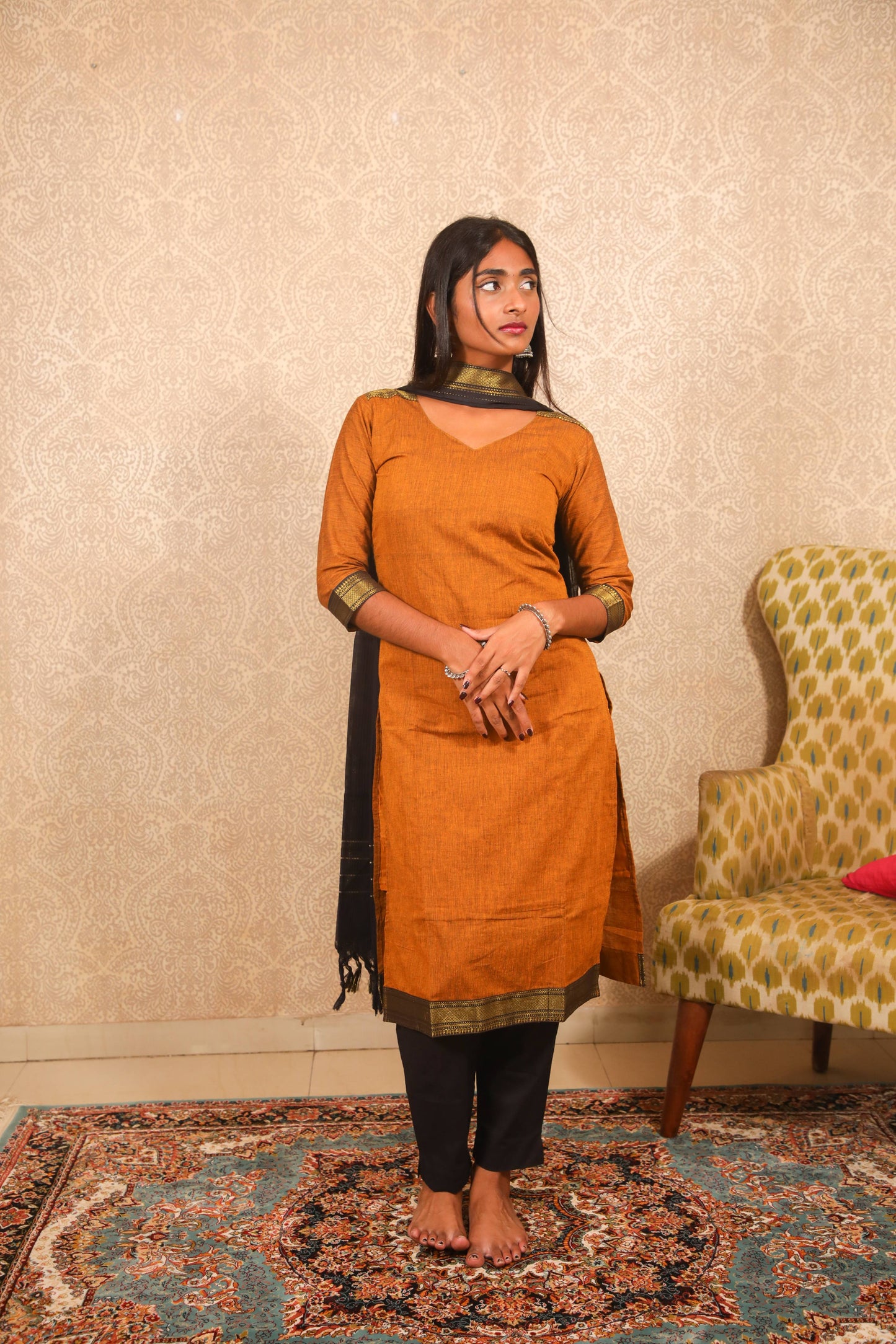 Maya - Kurti Set in Mangalagiri cotton in Mustard Color