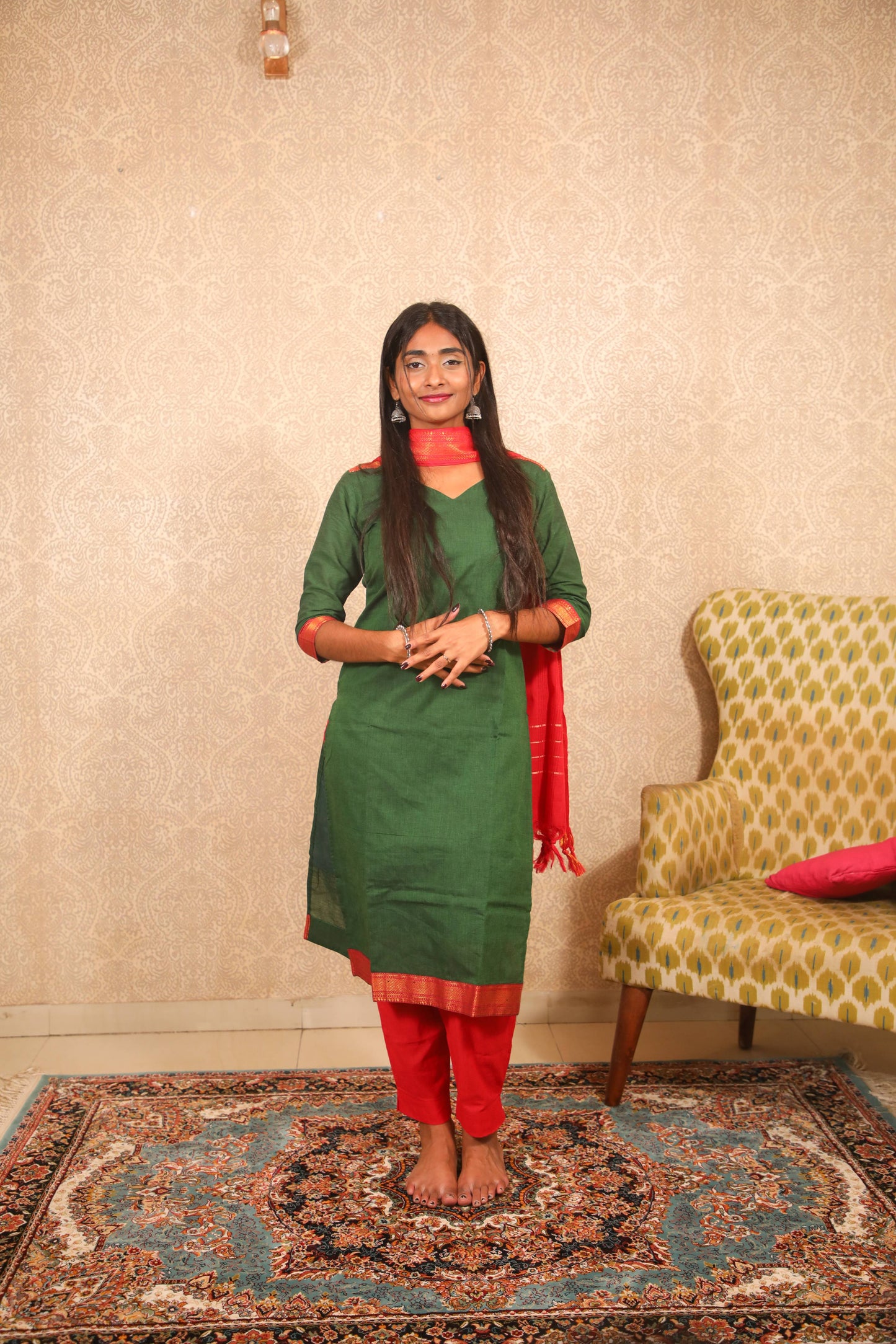 Maya - Kurti Set in Mangalagiri cotton in Green Color