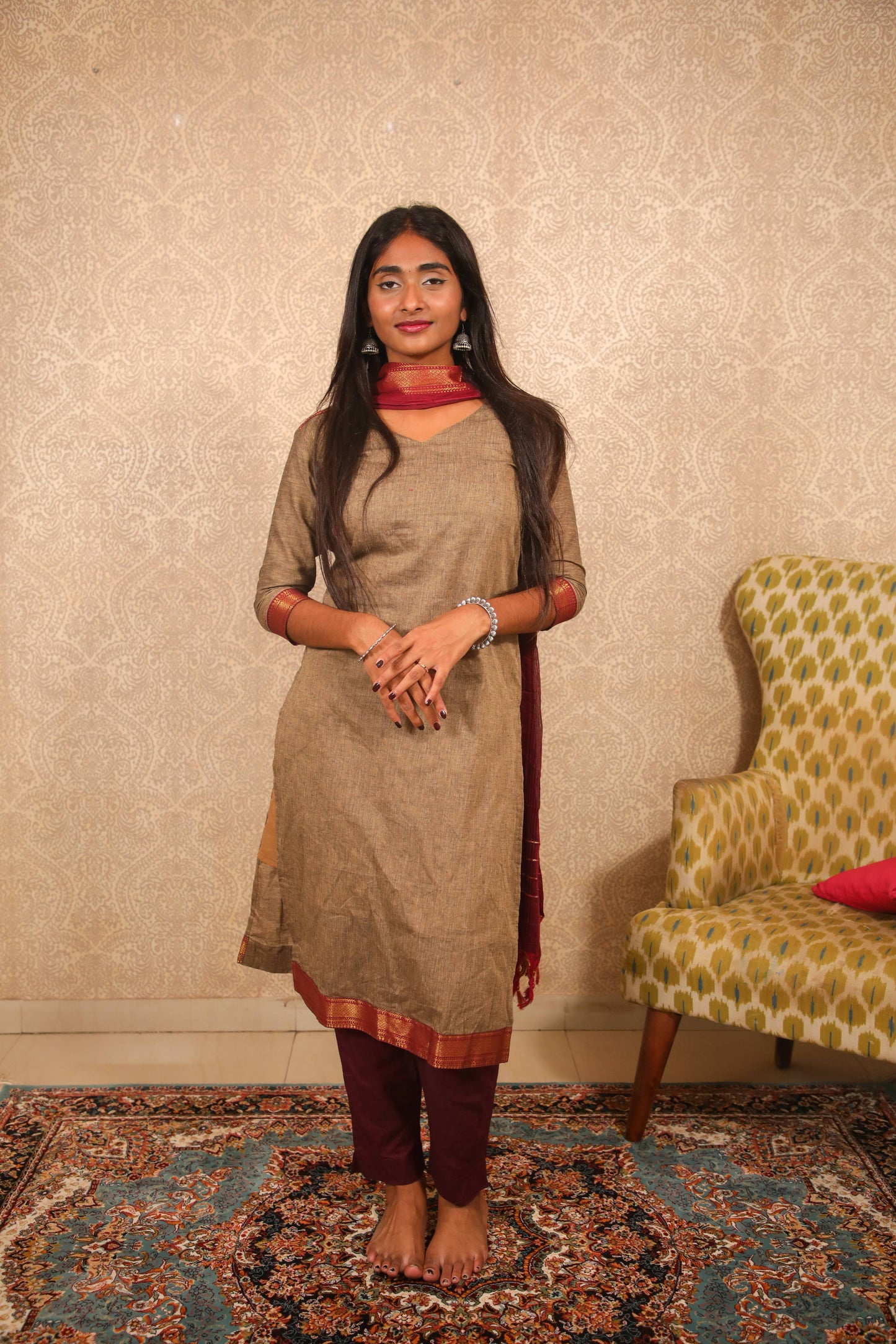 Maya - Kurti Set in Mangalagiri cotton in Beige Color