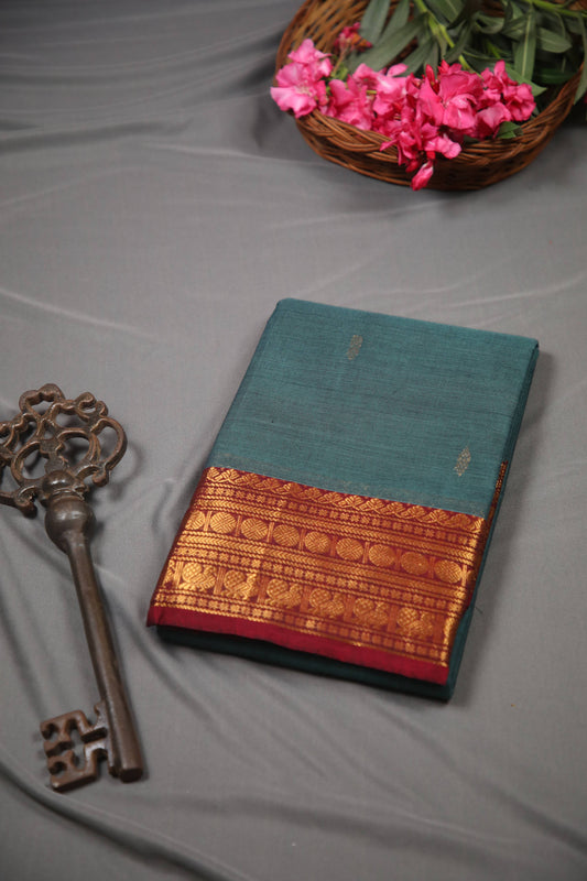 Varnam - Saree (Unstitched) in Teal in Kanchi Cotton