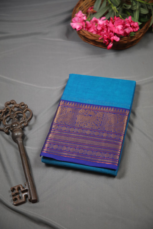 Varnam - Saree (Unstitched) in Blue in Kanchi Cotton