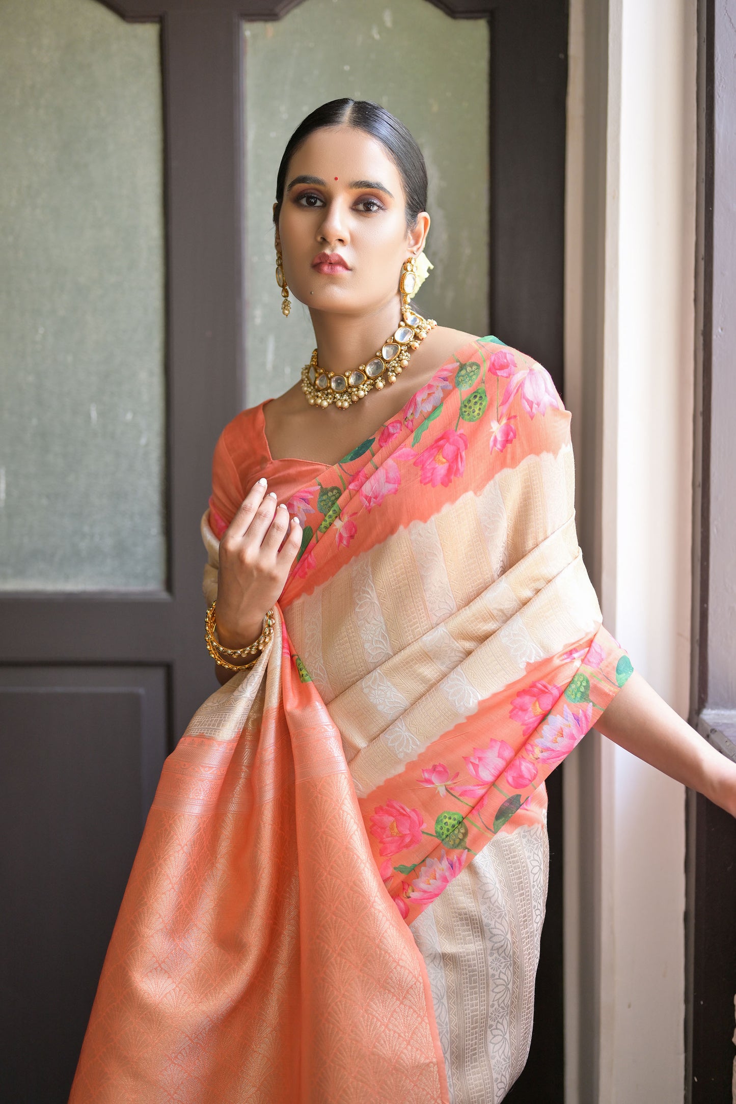Sonita Flower Orange Banarasi Silk Zari woven Saree