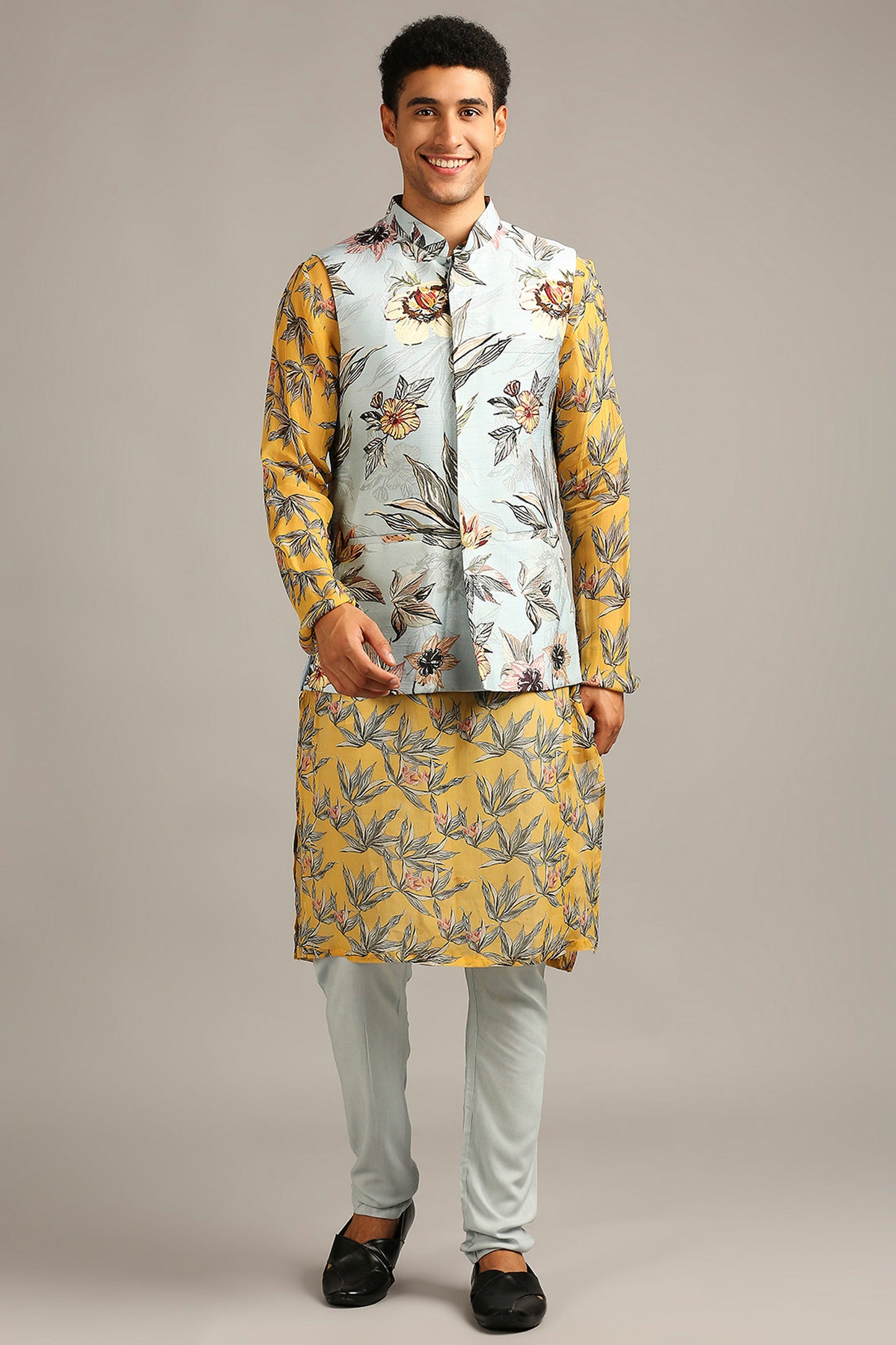 Anthia Yellow floral printed bundi with kurta set