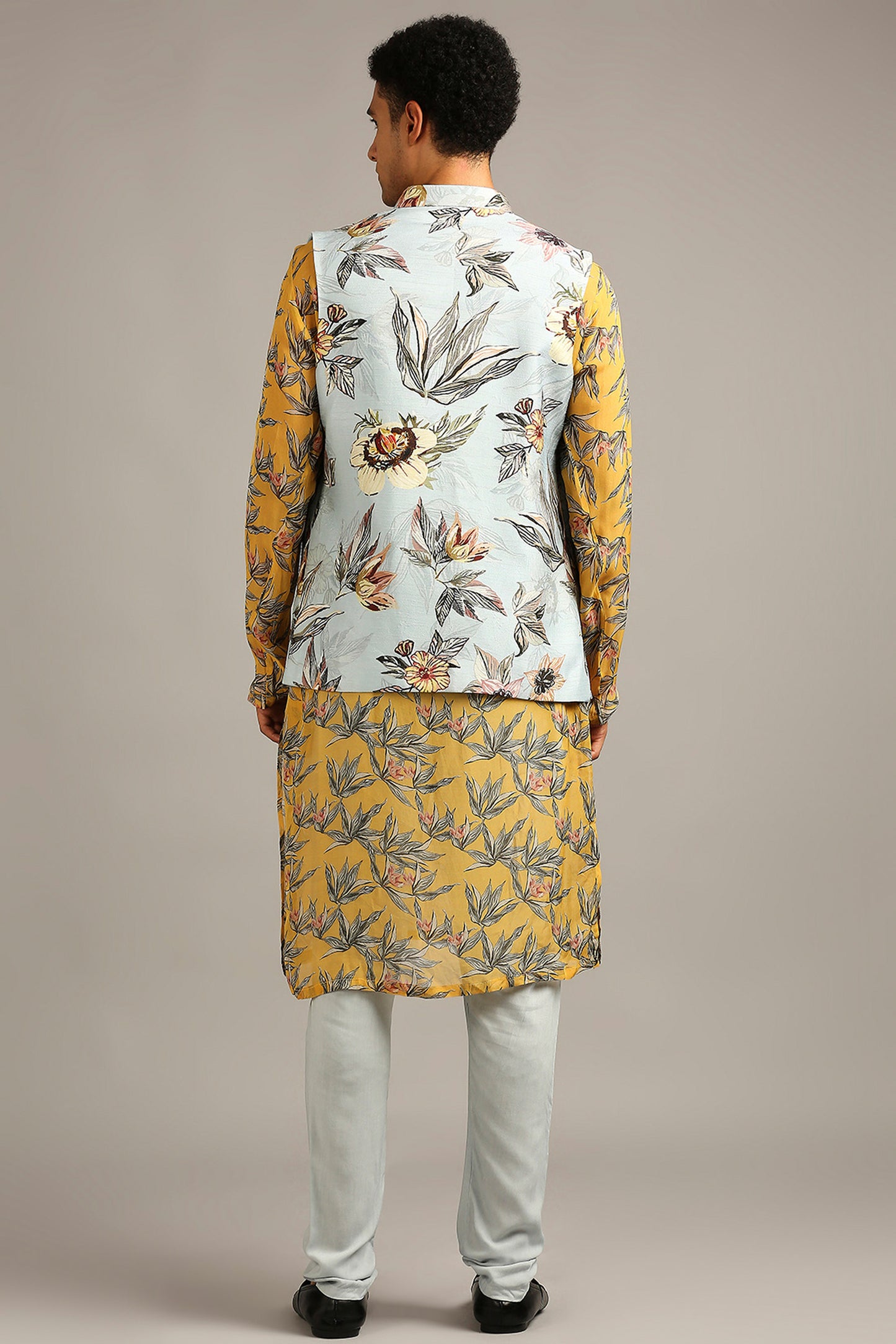 Anthia Yellow floral printed bundi with kurta set