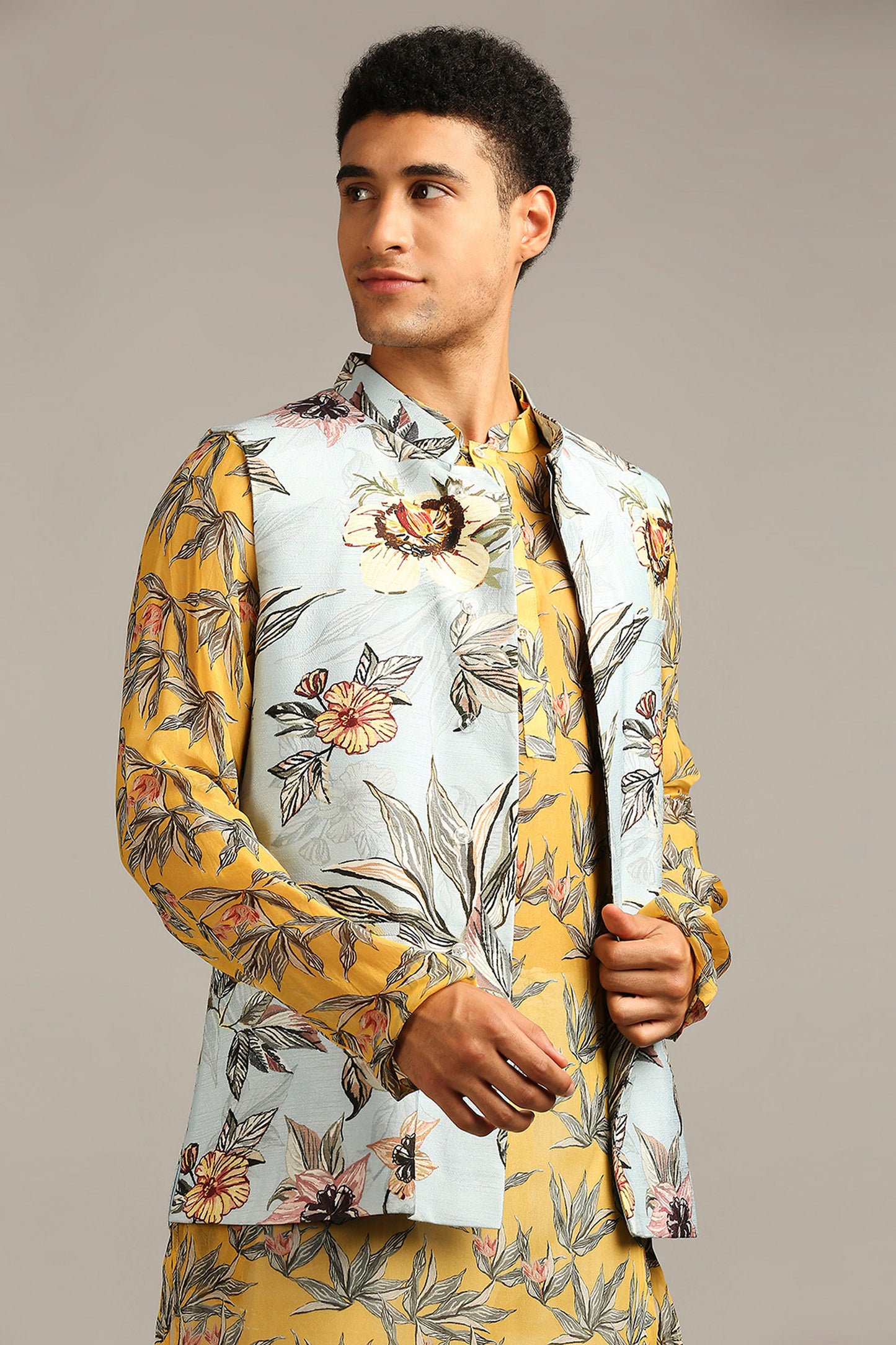 Anthia Yellow floral printed bundi with kurta set