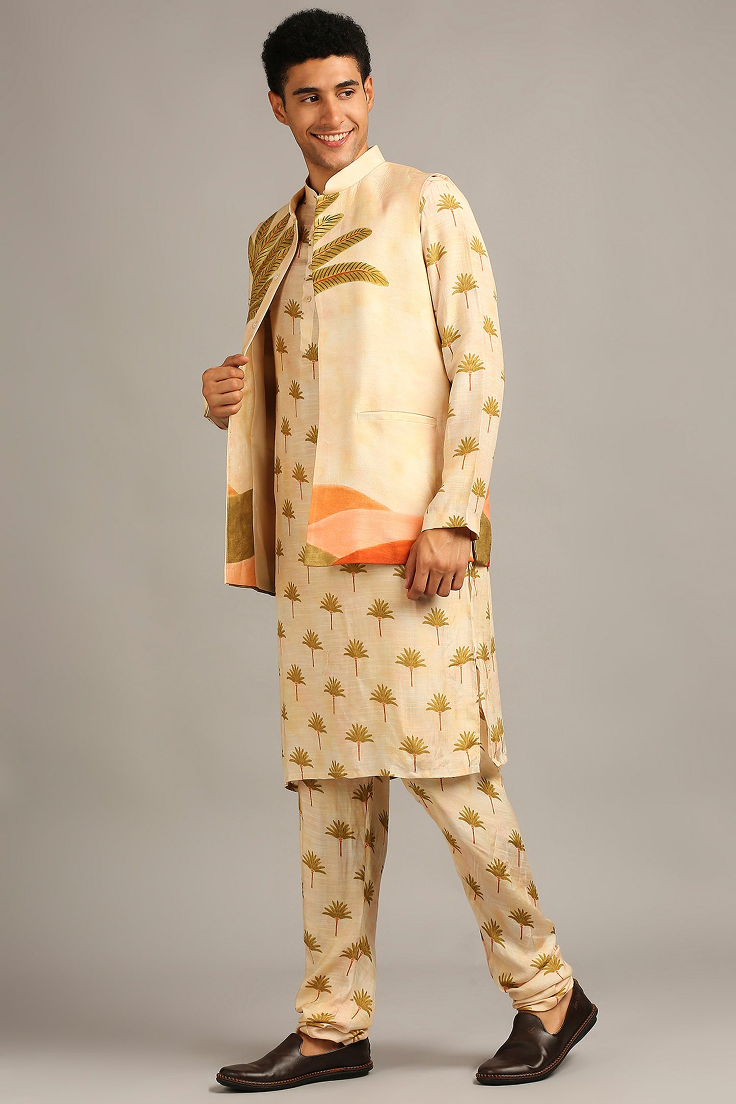 Beige Conversational printed longline jacket with kurta set