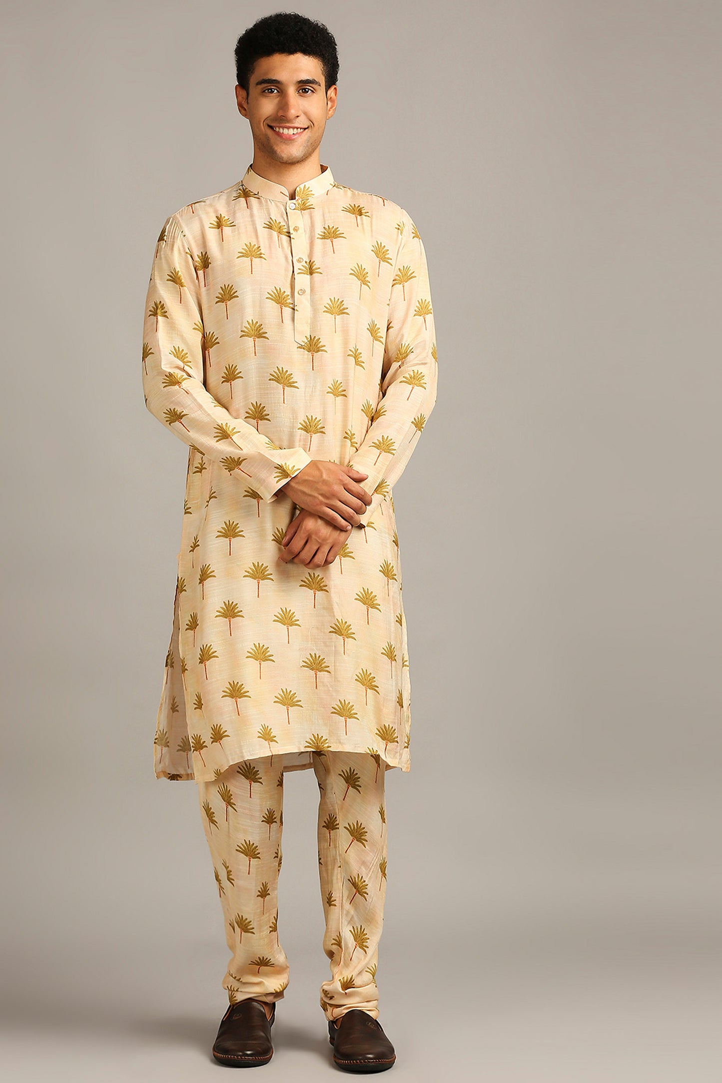 Beige Conversational printed longline jacket with kurta set
