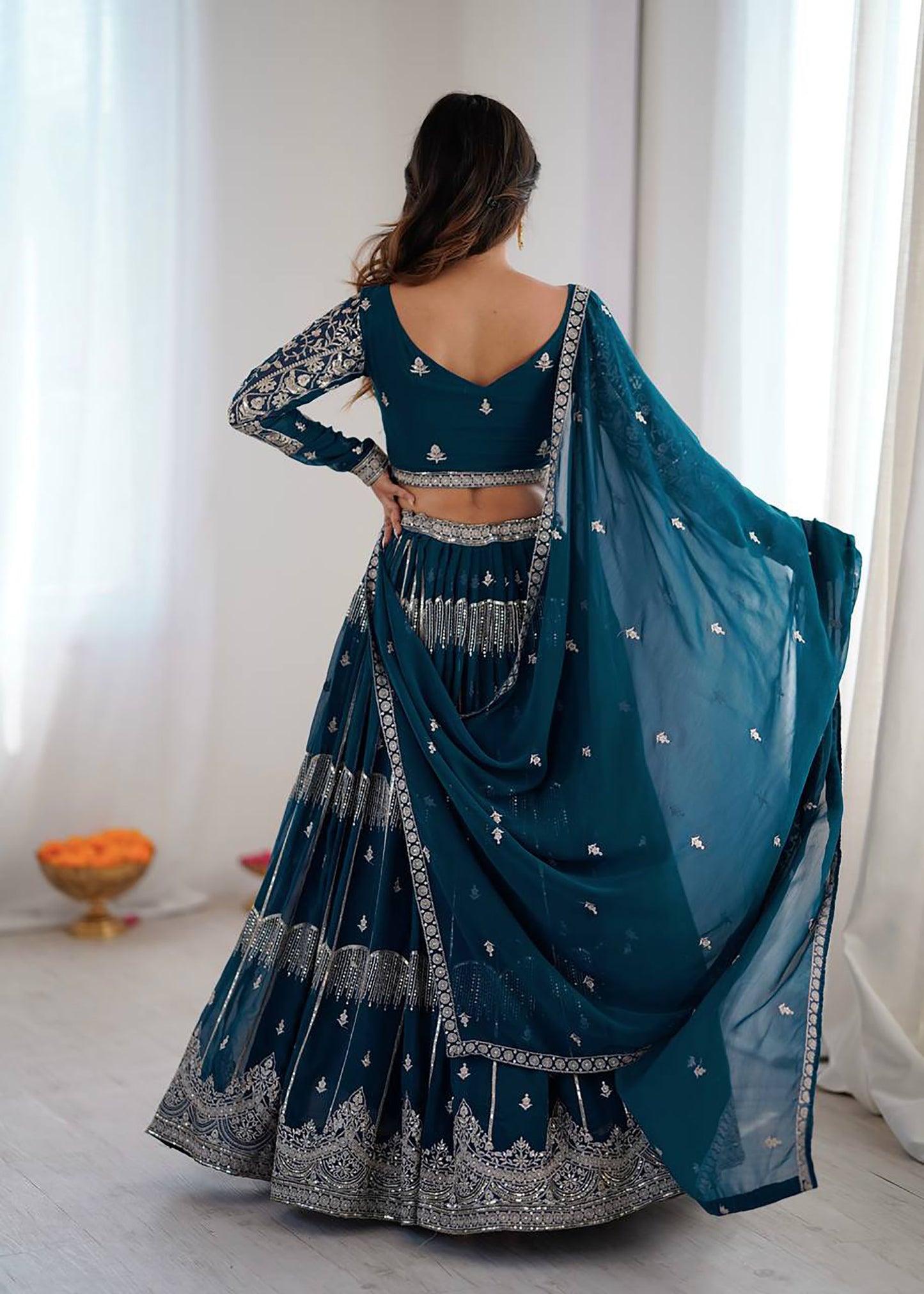 Dark Blue Faux Georgette Sequins Embroidery Engagement Lehenga