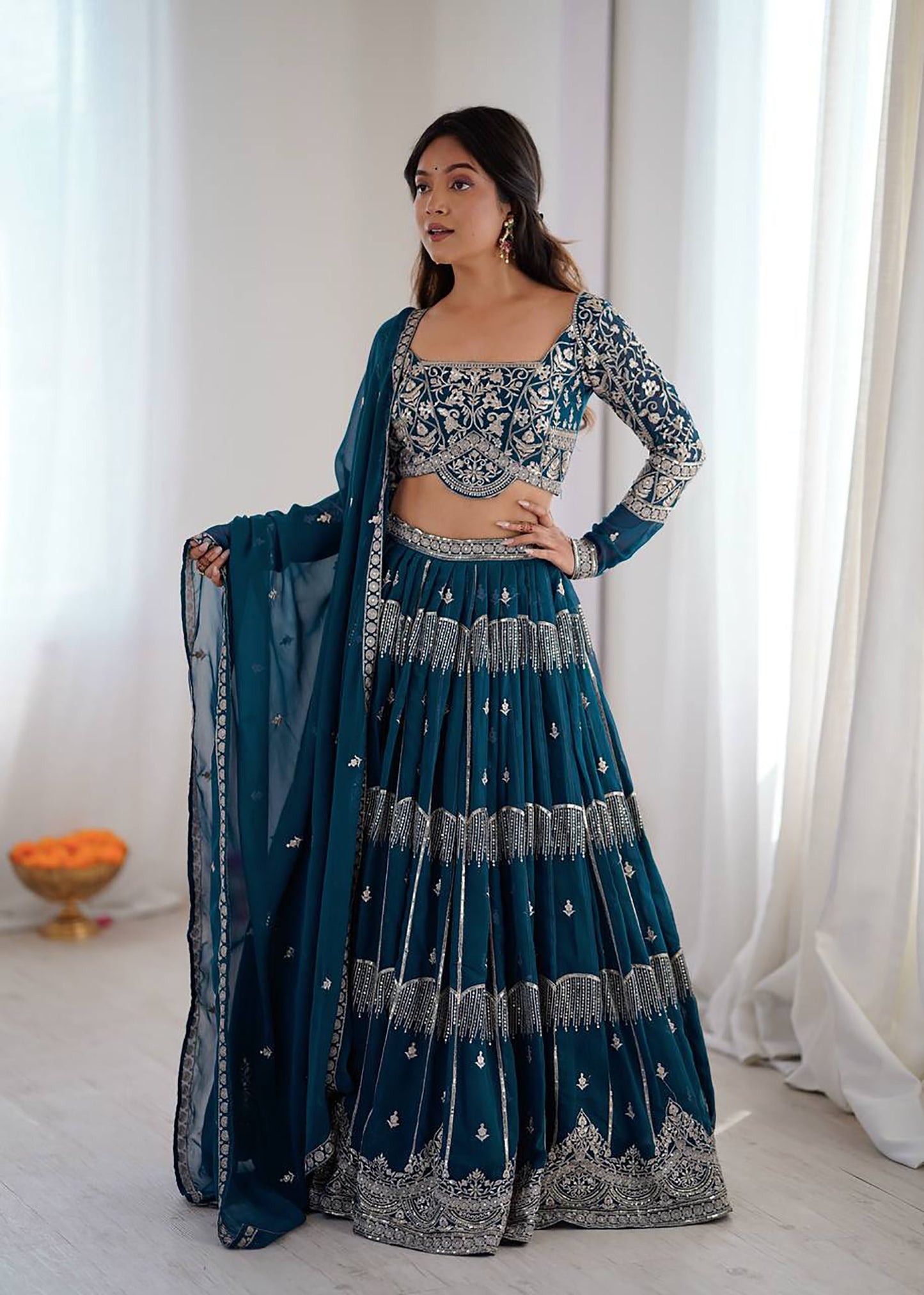 Dark Blue Faux Georgette Sequins Embroidery Engagement Lehenga