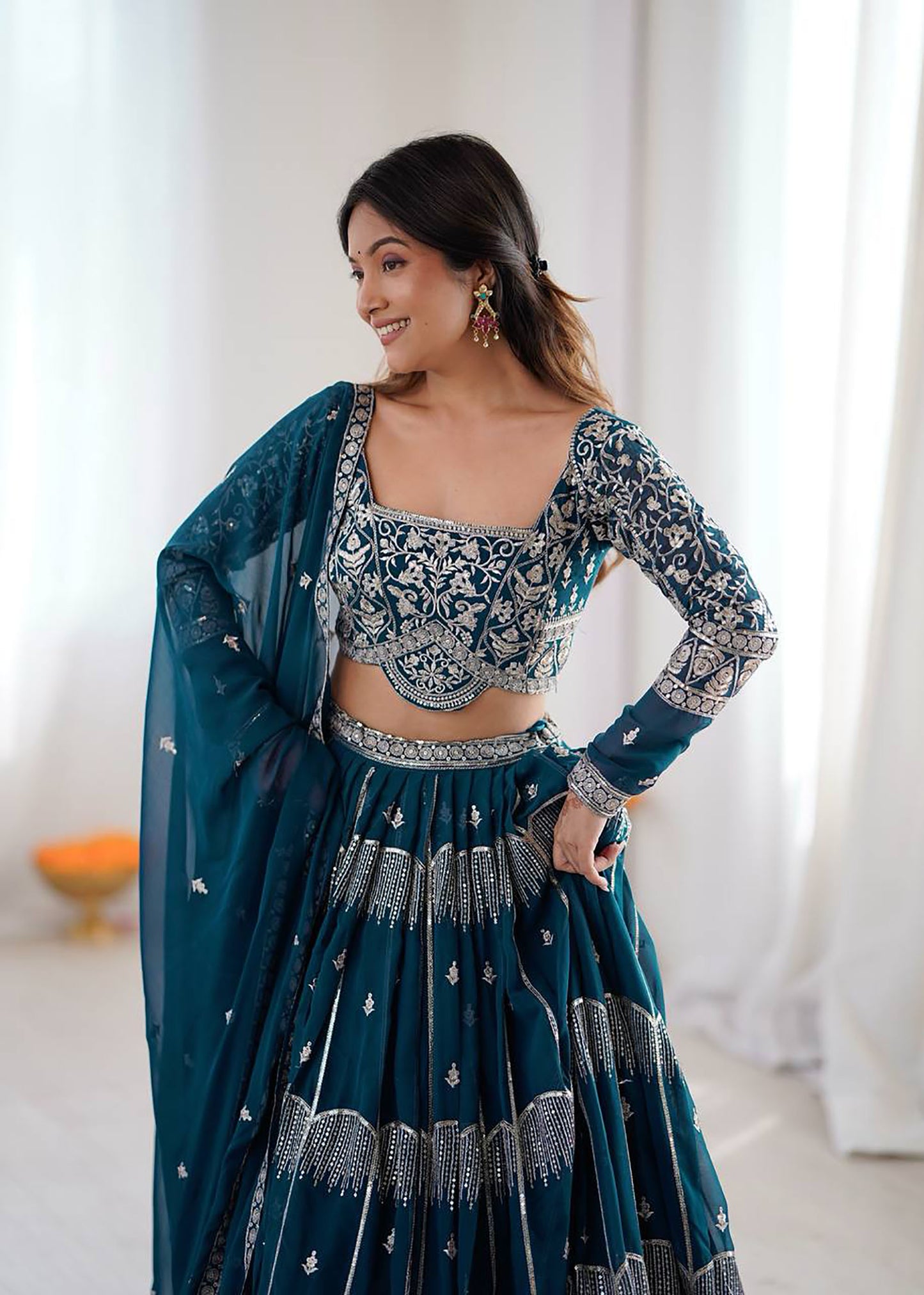 Dark Blue Faux Georgette Sequins Embroidery Engagement Lehenga