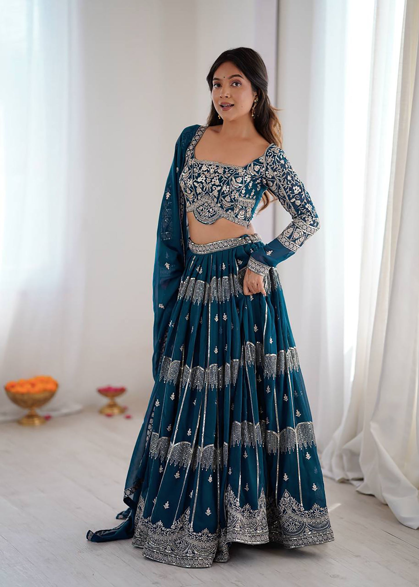 Dark Blue Faux Georgette Sequins Embroidery Engagement Lehenga