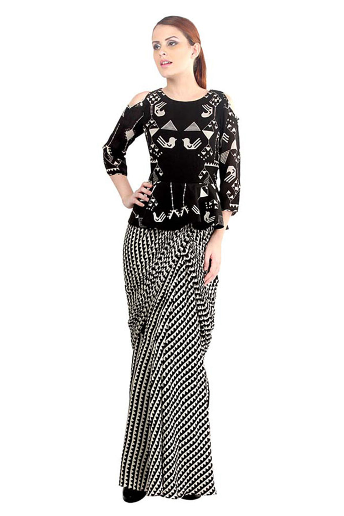 Geometric Bird Printed Saree With Peplum Top