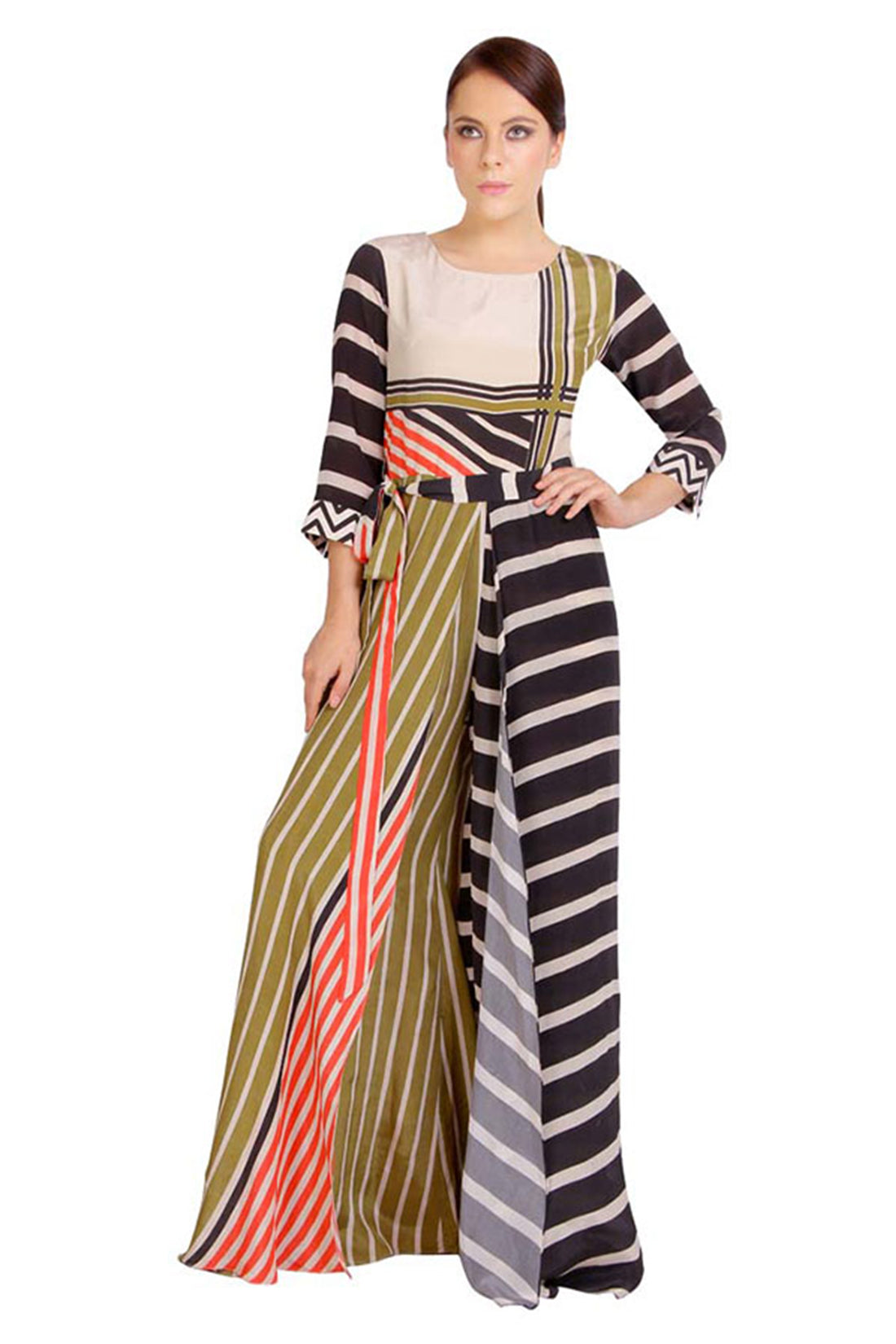 Strip Printed Umpsuit With Waist Tie-Up