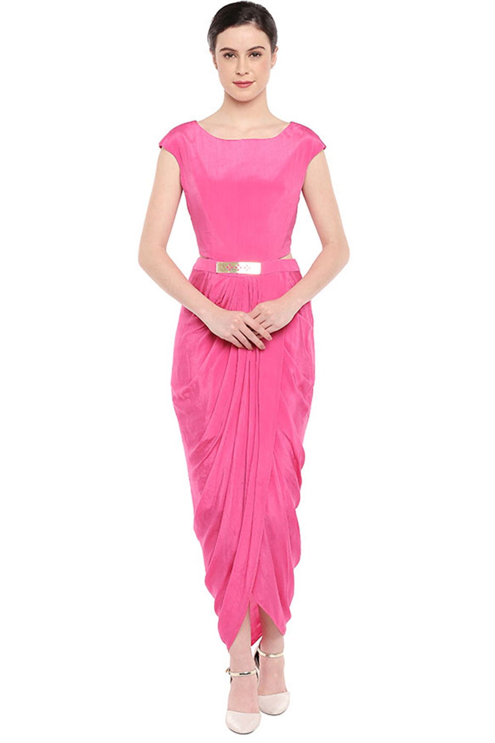 Geometric Printed Drape Dress With Cape