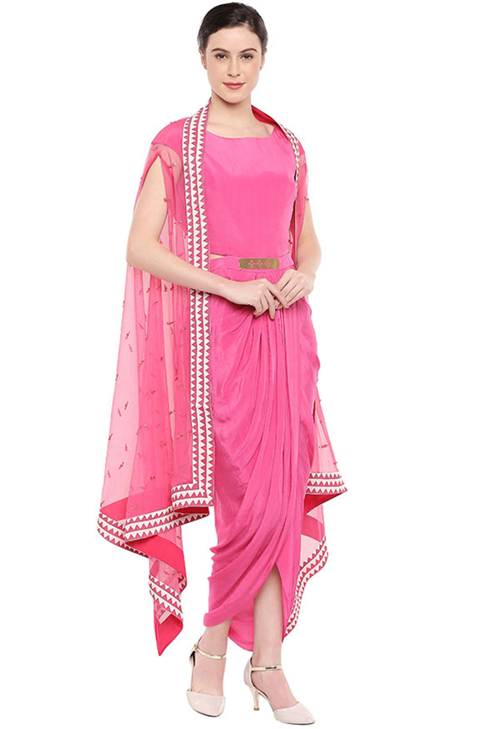 Geometric Printed Drape Dress With Cape