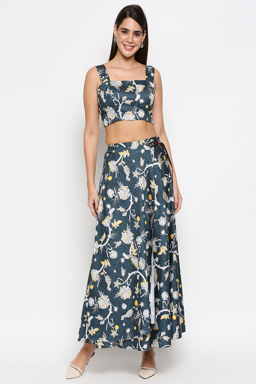 Floral Printed Cotton Twill Bustier Top With Floral Printed Skirt