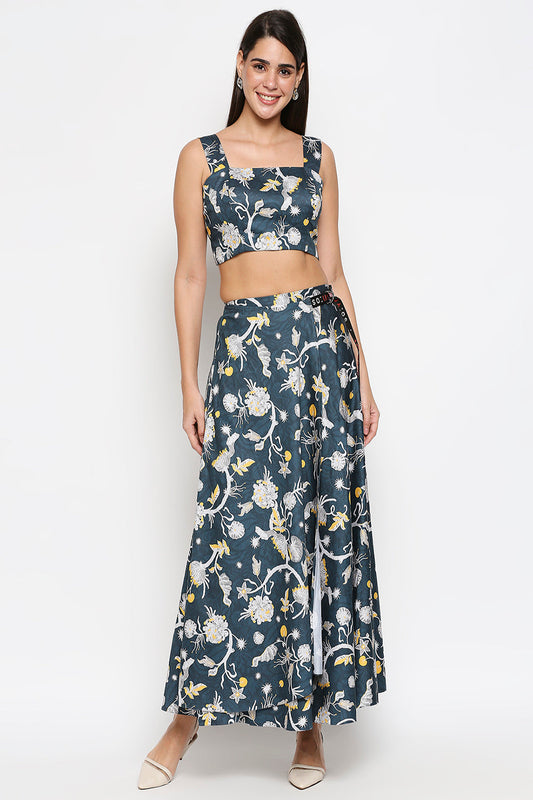 Floral Printed Cotton Twill Bustier Top With Floral Printed Skirt