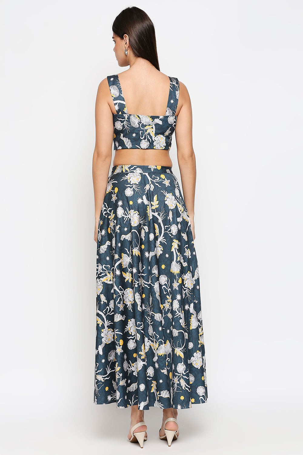 Floral Printed Cotton Twill Bustier Top With Floral Printed Skirt