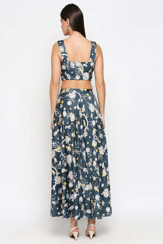 Floral Printed Cotton Twill Bustier Top With Floral Printed Skirt