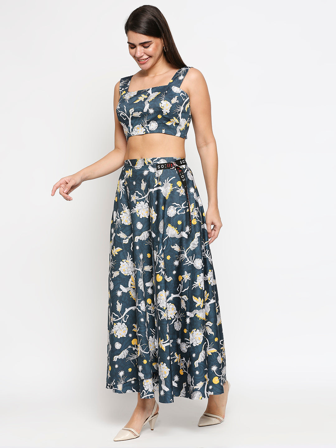 Floral Printed Cotton Twill Bustier Top With Floral Printed Skirt