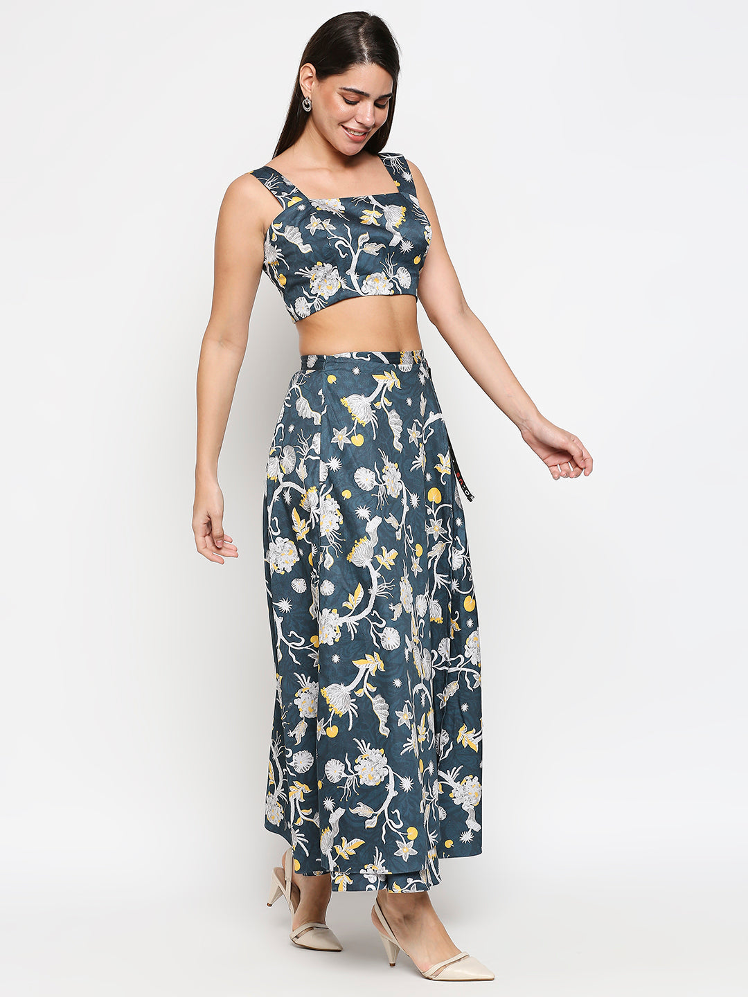 Floral Printed Cotton Twill Bustier Top With Floral Printed Skirt