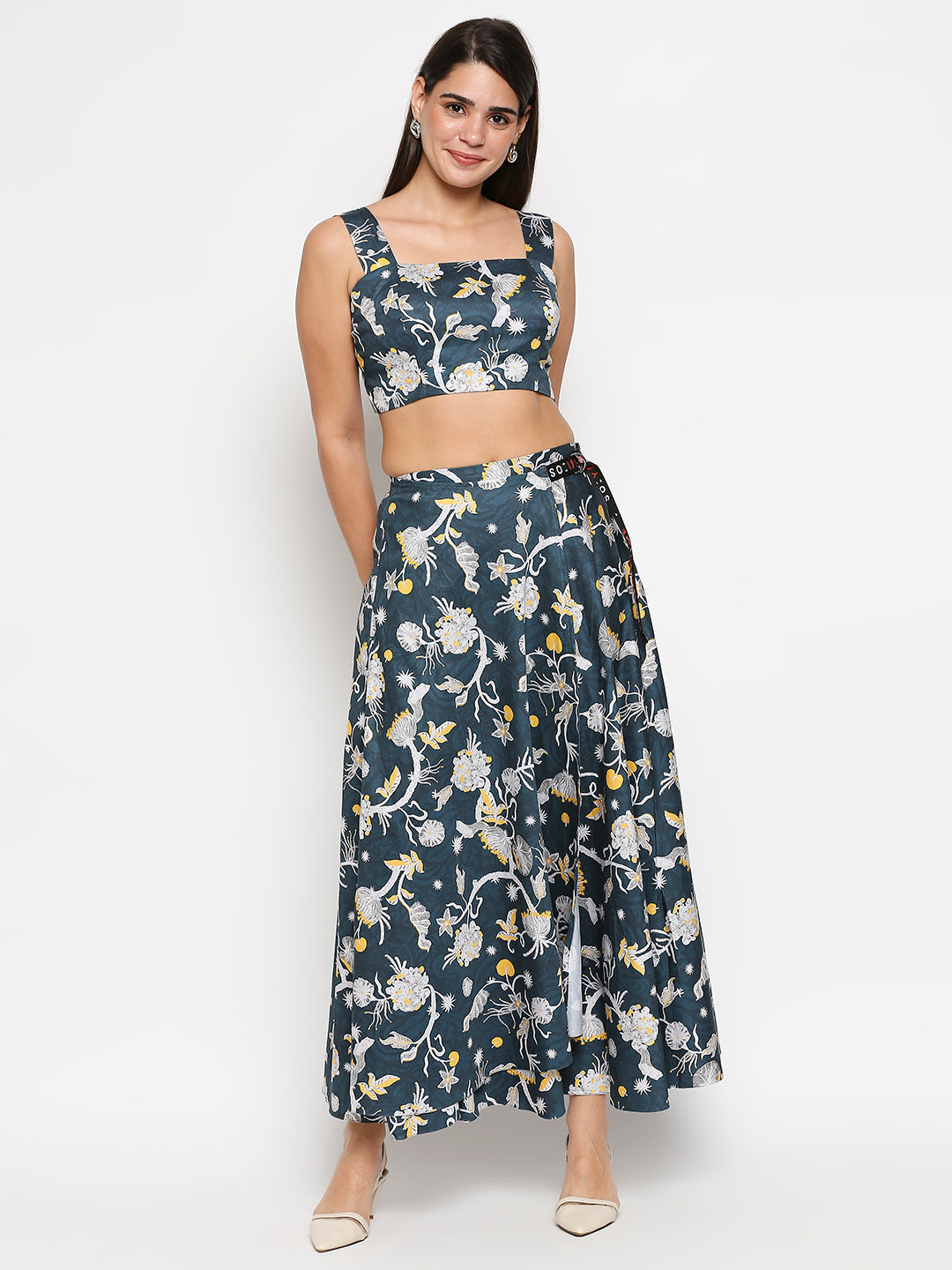Floral Printed Cotton Twill Bustier Top With Floral Printed Skirt