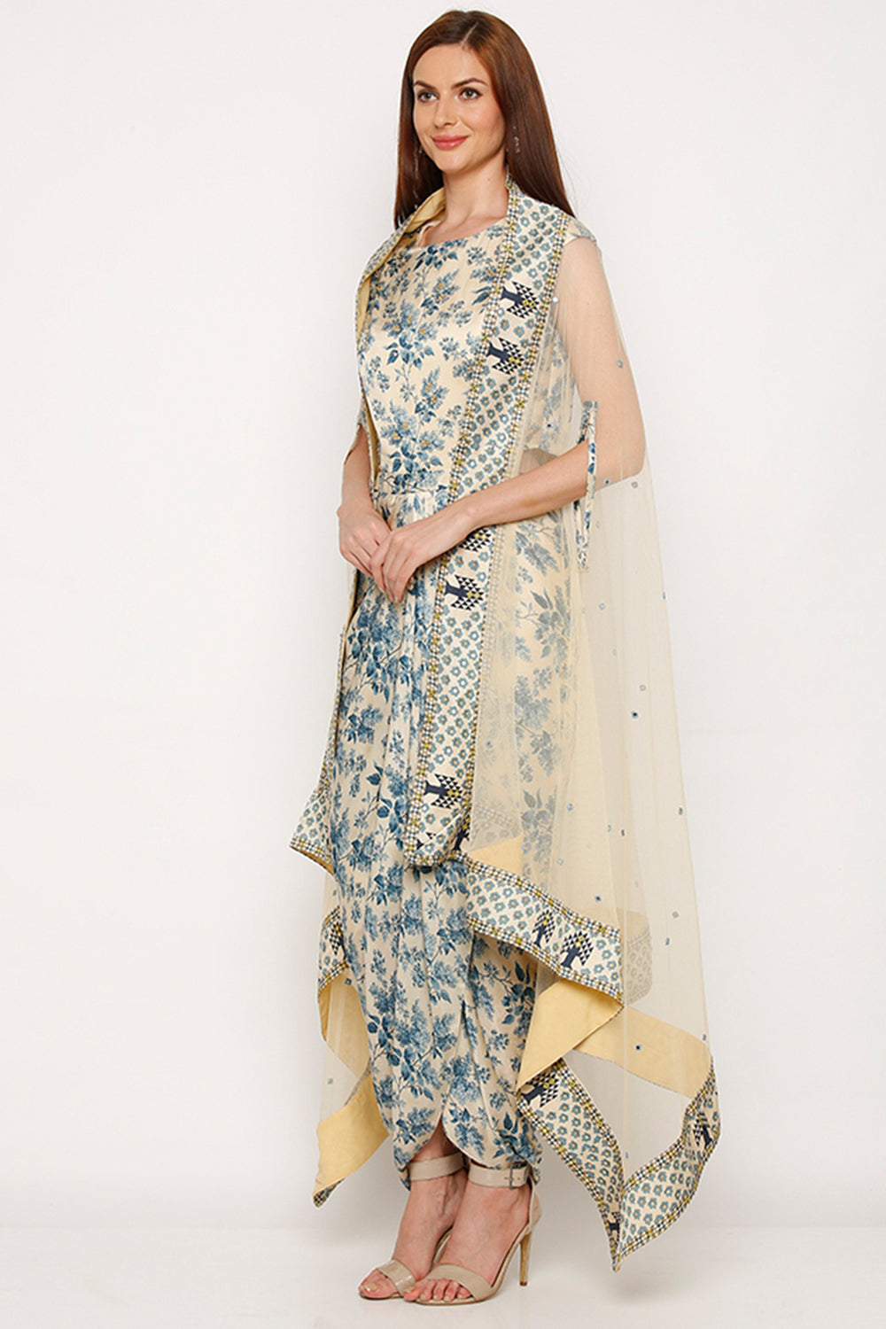 Applique Printed Dress With Cape