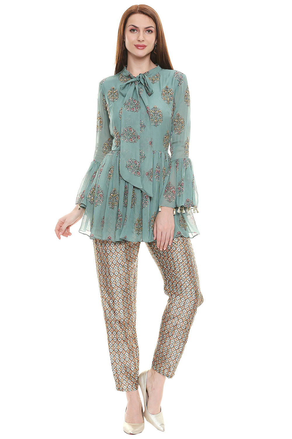 Sage Green Printed Top With Pants Gatheres At Waist And Bell Sleeves