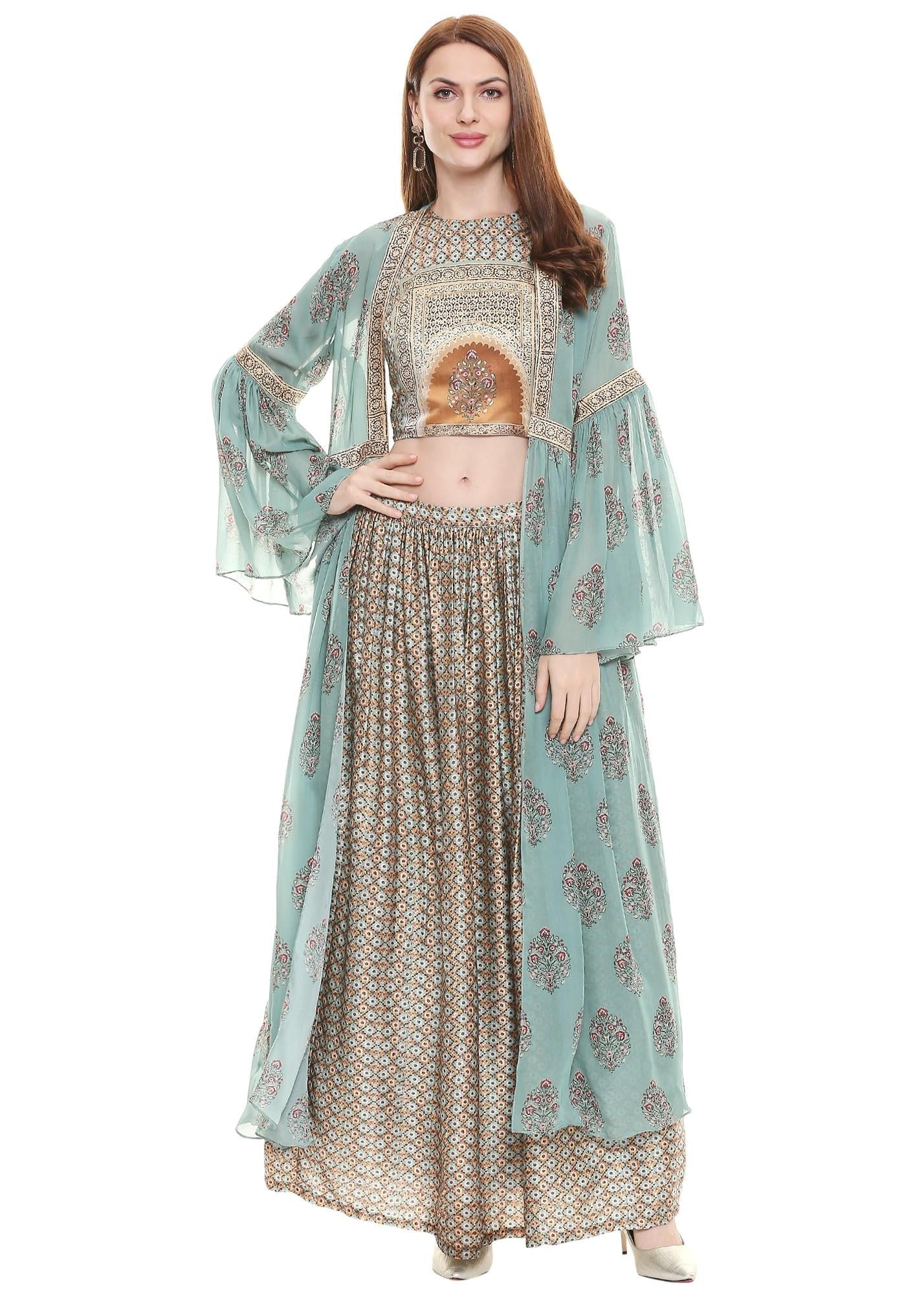 Sage Green Printed Crop Top Paired With High Waist Box Pleated Skirt