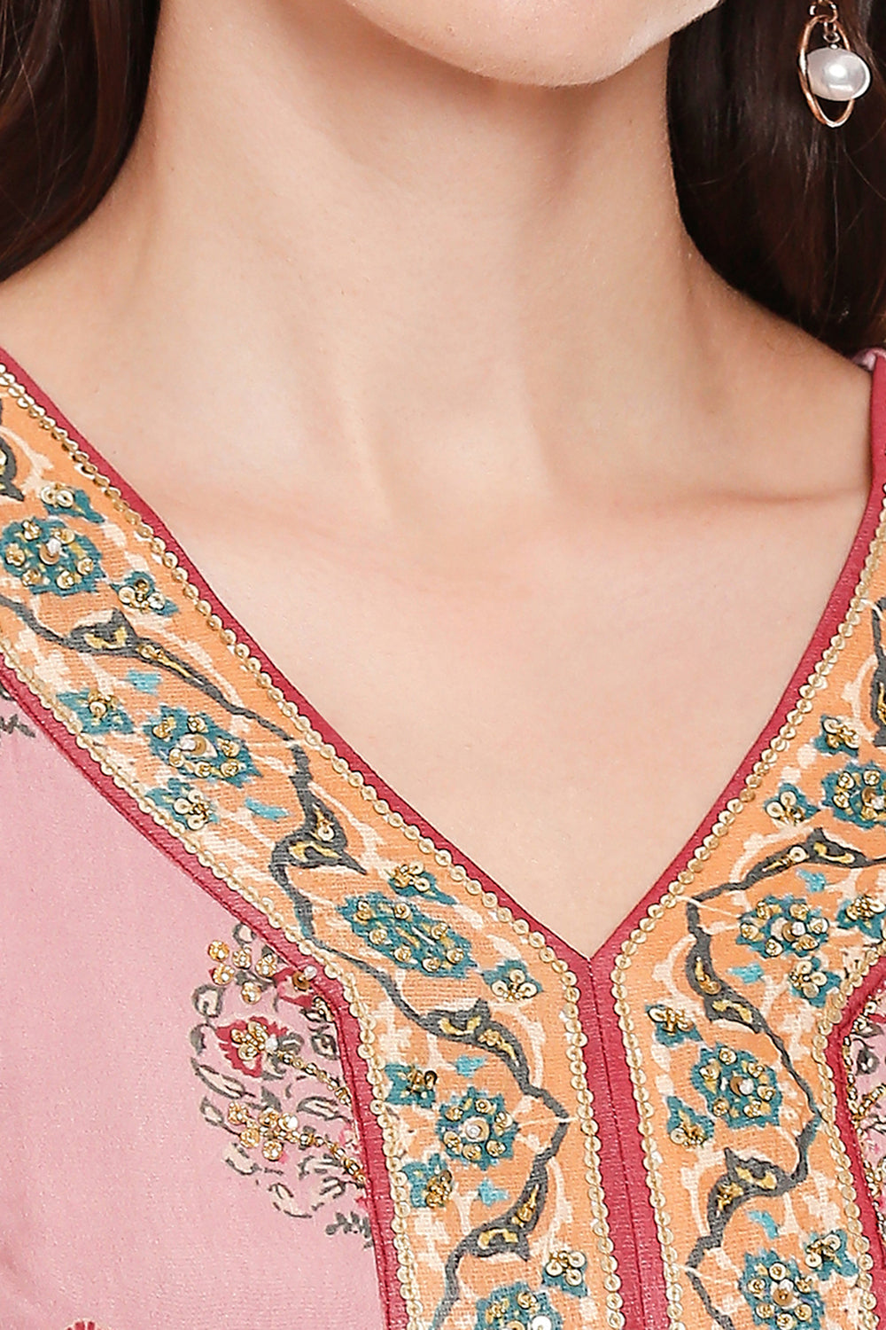 Pink Printed Flared Jumpsuit With Embroidered Yoke