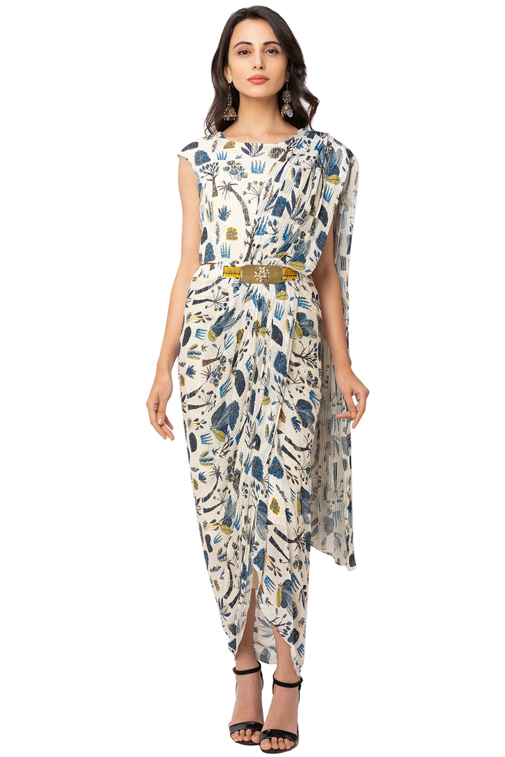 Off White Tree Printed Drape Dress With Belt