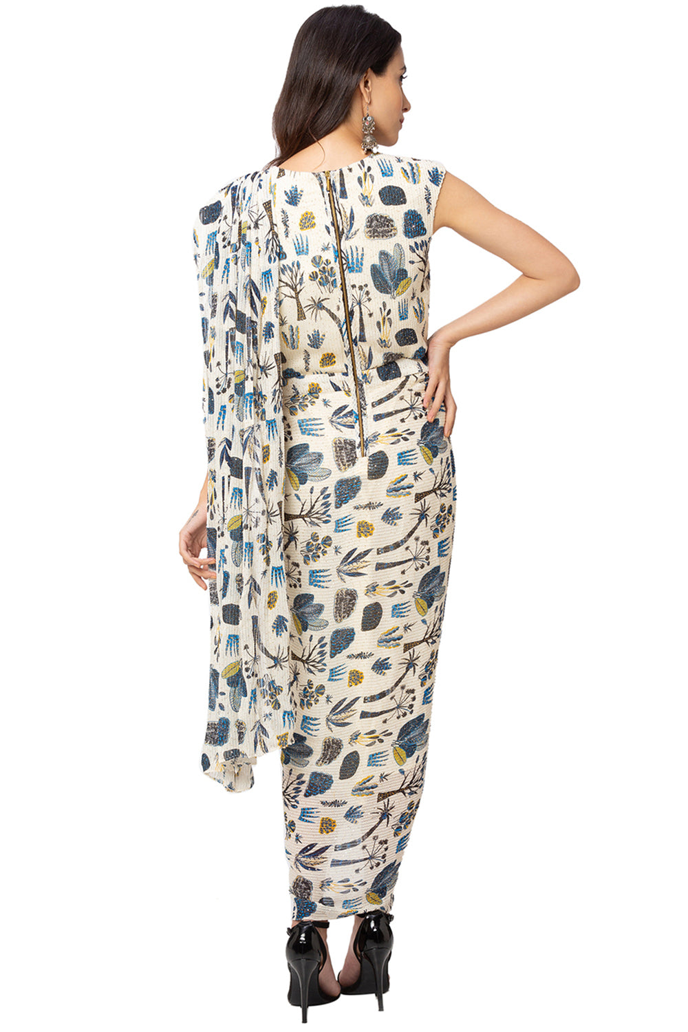 Off White Tree Printed Drape Dress With Belt