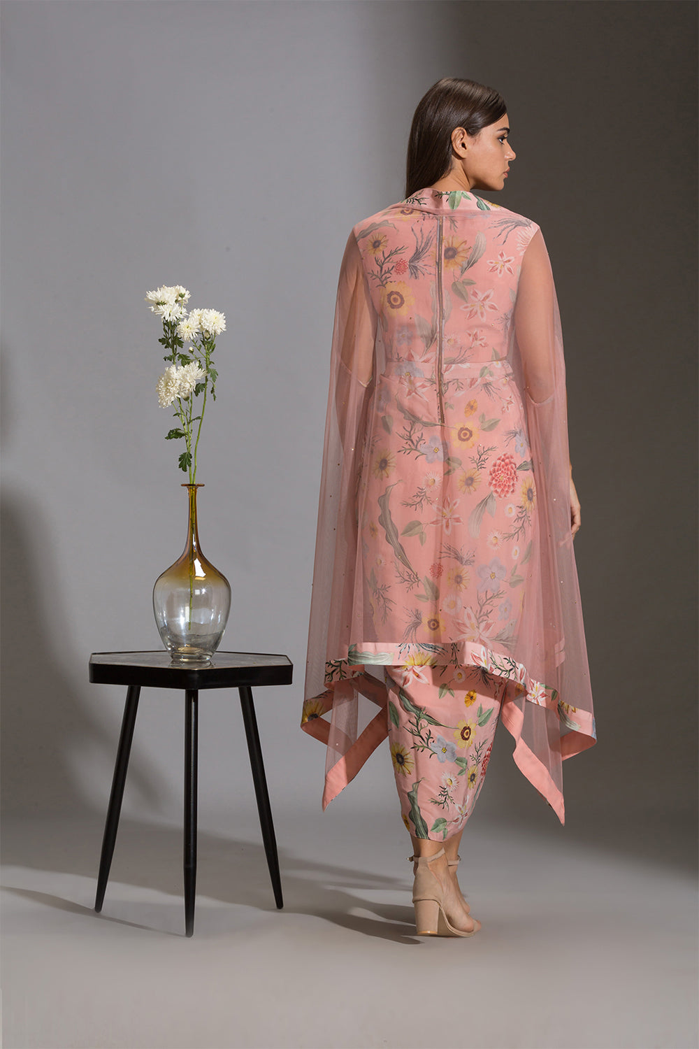 Gulista Floral Drape Dress And Net Cape