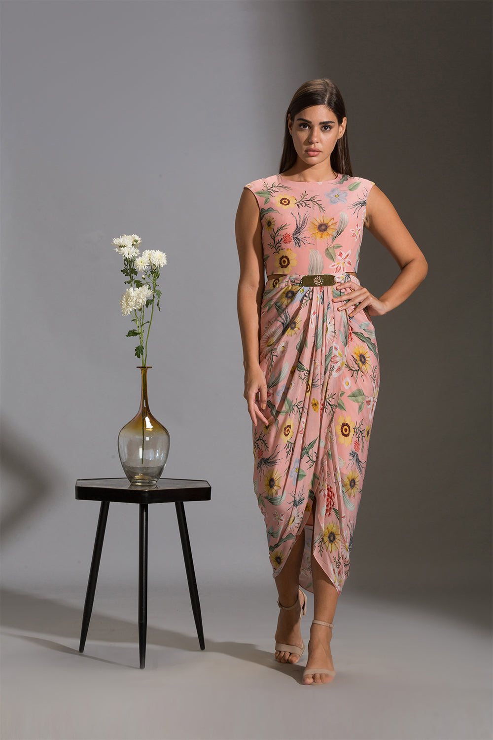 Gulista Floral Drape Dress And Net Cape