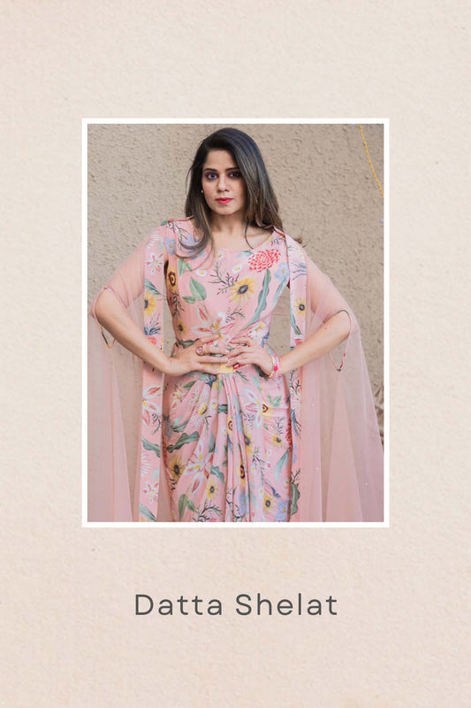 Gulista Floral Drape Dress And Net Cape