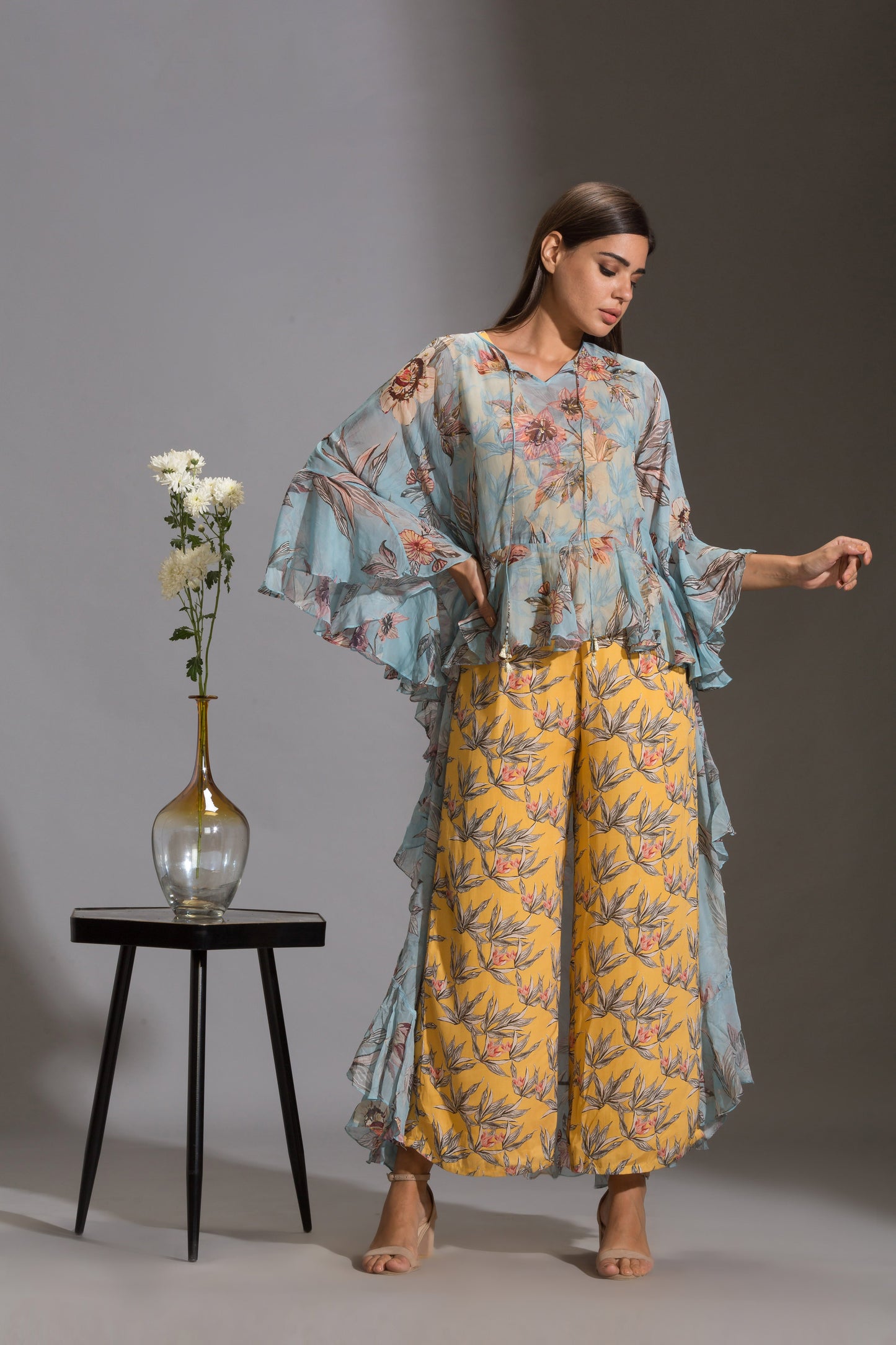 Anthia Floral Jumpsuit Paired With Frilled Top