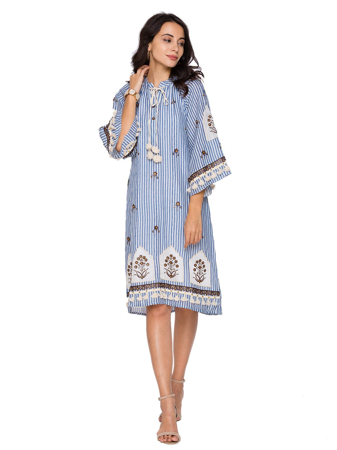 Sartorial Printed Short Dress With Leather Cutwork Embroidery And Neck Tie Up