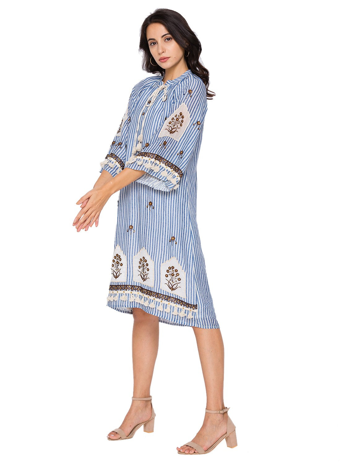 Sartorial Printed Short Dress With Leather Cutwork Embroidery And Neck Tie Up