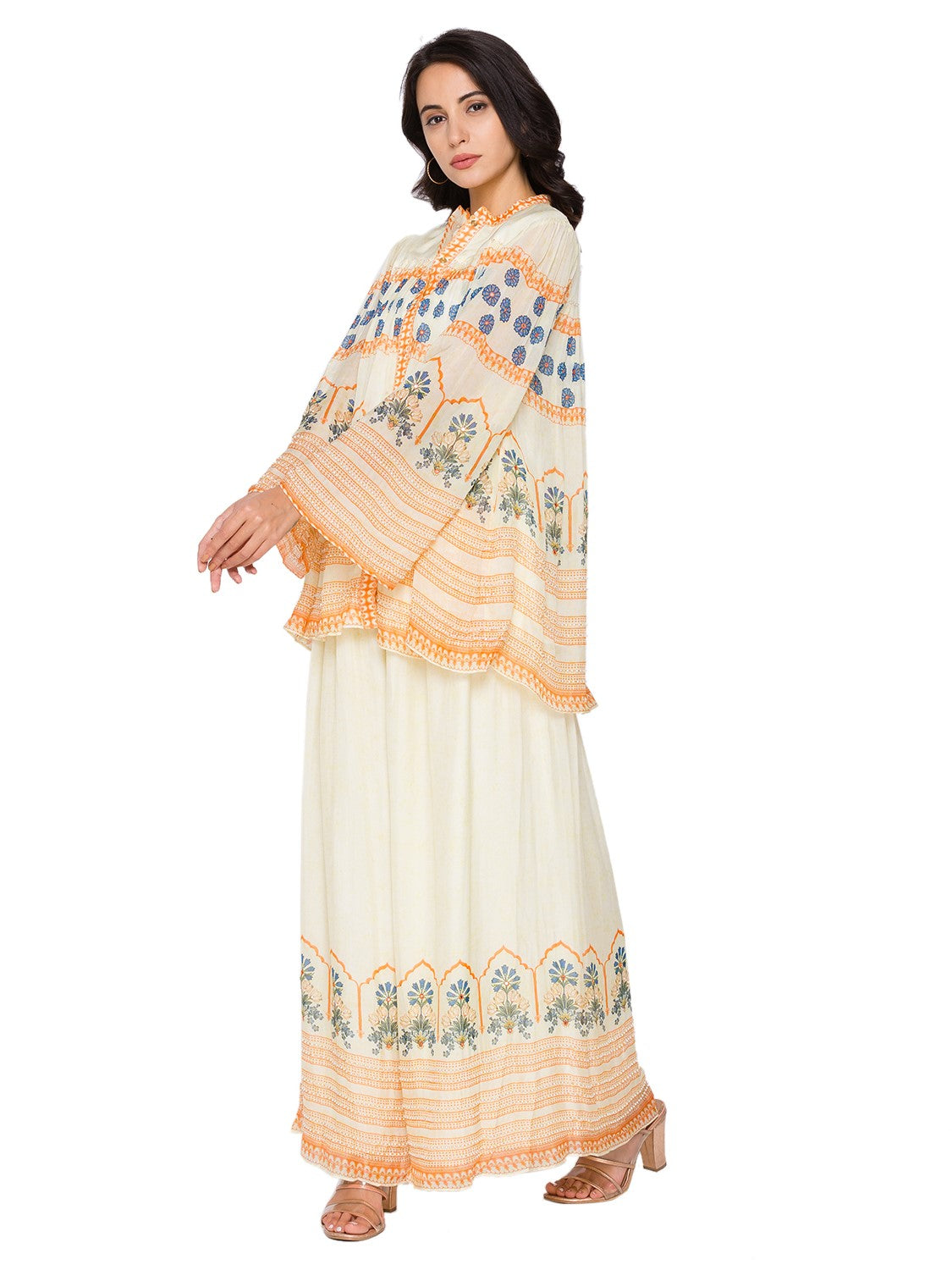 Eden Printed Short Top With Gathers Above Bust Paired With Pants And Embellished With Pearls