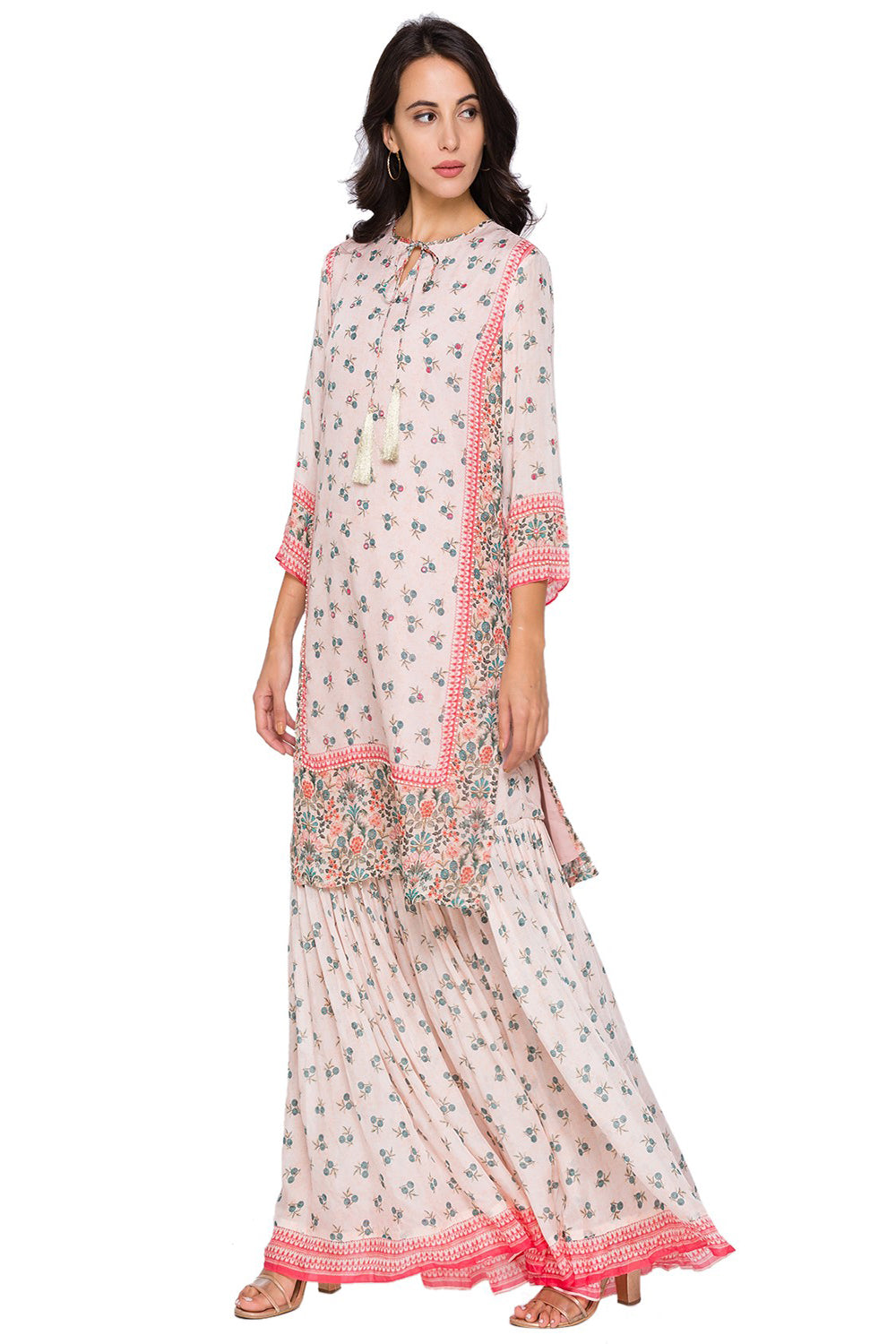 Eden Printed Kurta With Neck Tie Up Paired With Sharara Pants Embellished With Pearls