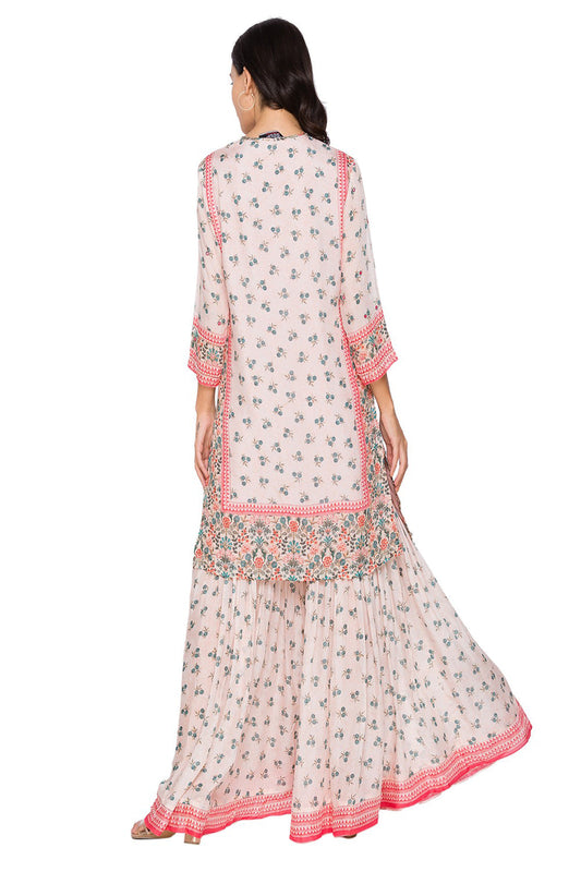 Eden Printed Kurta With Neck Tie Up Paired With Sharara Pants Embellished With Pearls