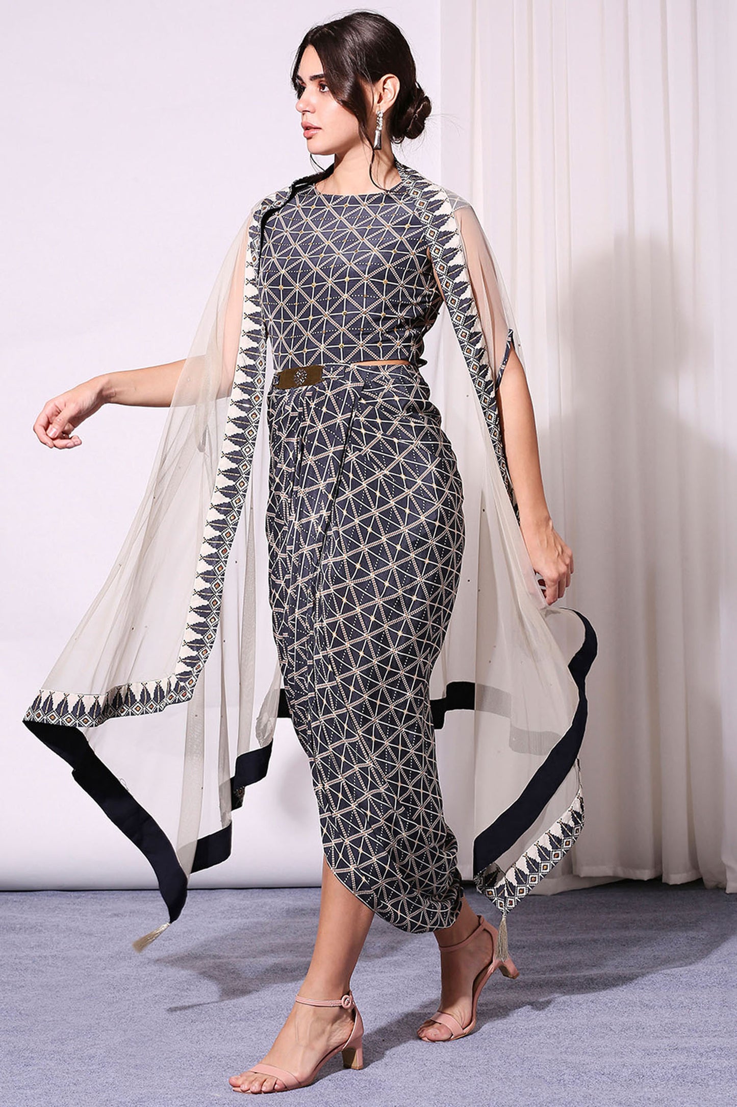 Geometrical Printed Drape Dress And Cape