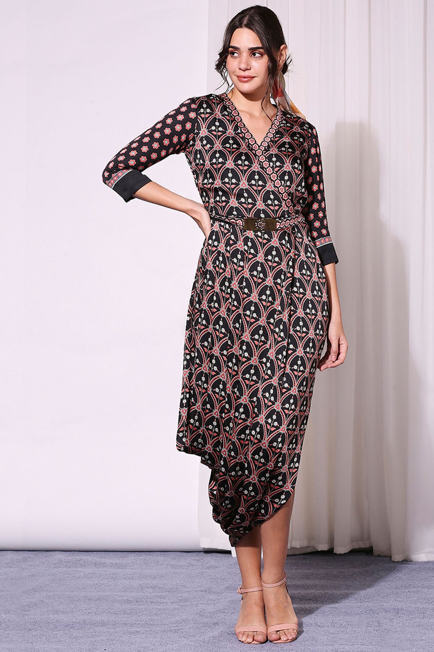 Black Satin Ethnic Folklore Printed Drape Dress
